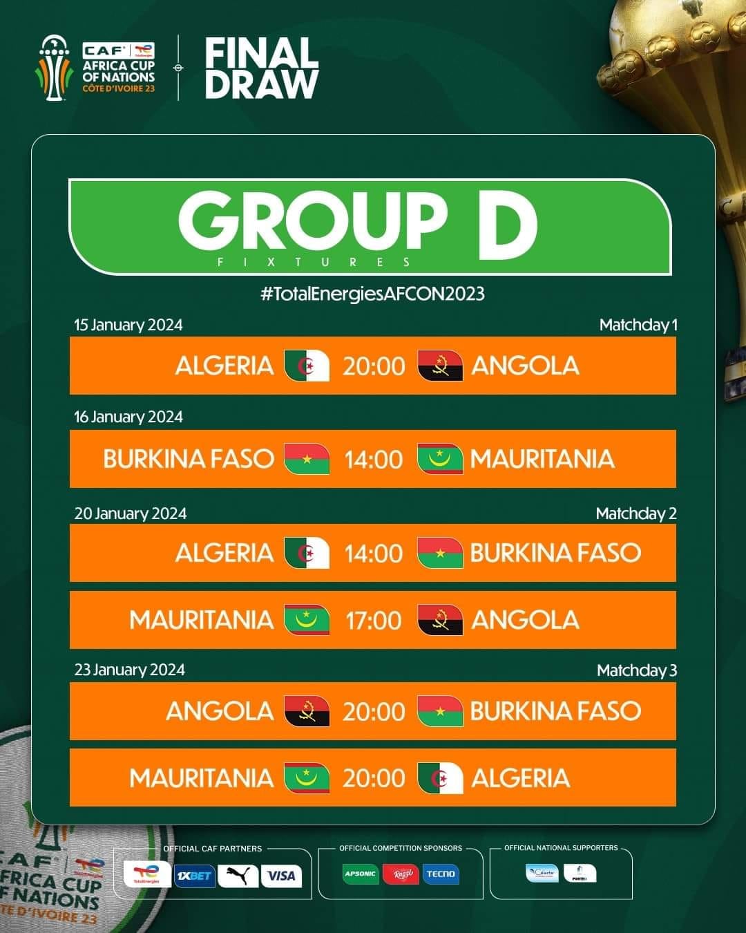 Algerian National Team’s Schedule for 2023 Africa Cup of Nations Group Stage