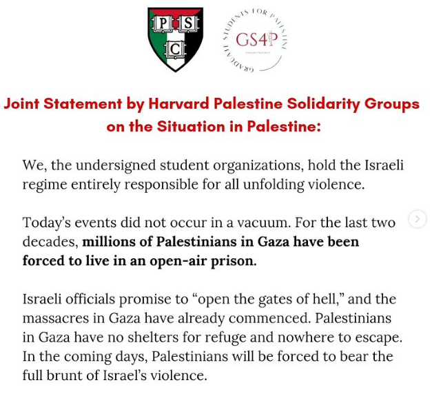 Harvard University Students: Israeli Apartheid System Holds Sole Responsibility for War