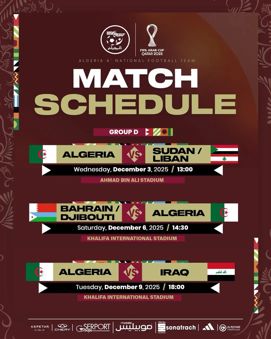 Arab Cup FIFA 2025: Algeria to Face Winner of Sudan vs Lebanon Playoff