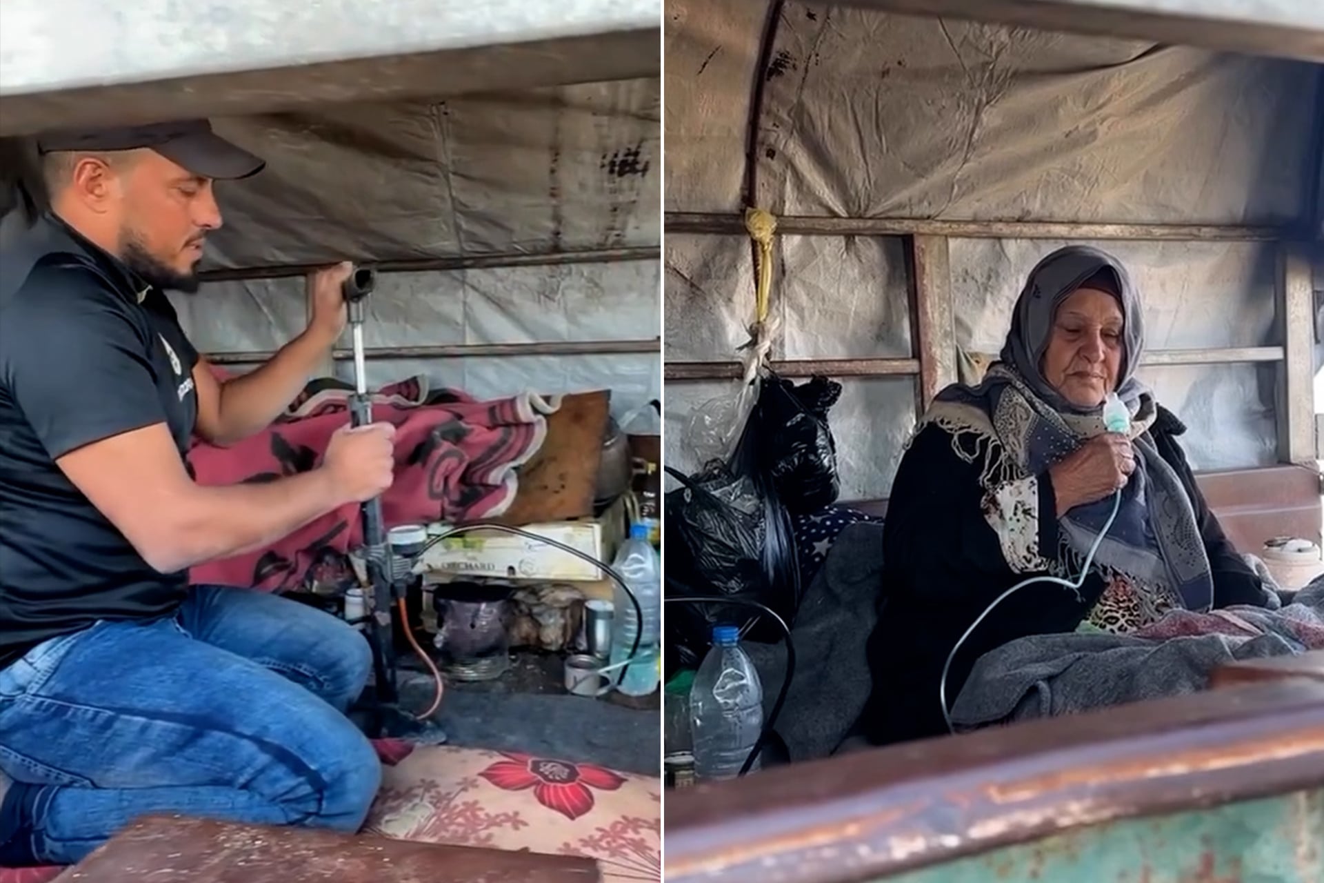 Gaza: Elderly Woman Uses Car Tire Inflator to Breathe
