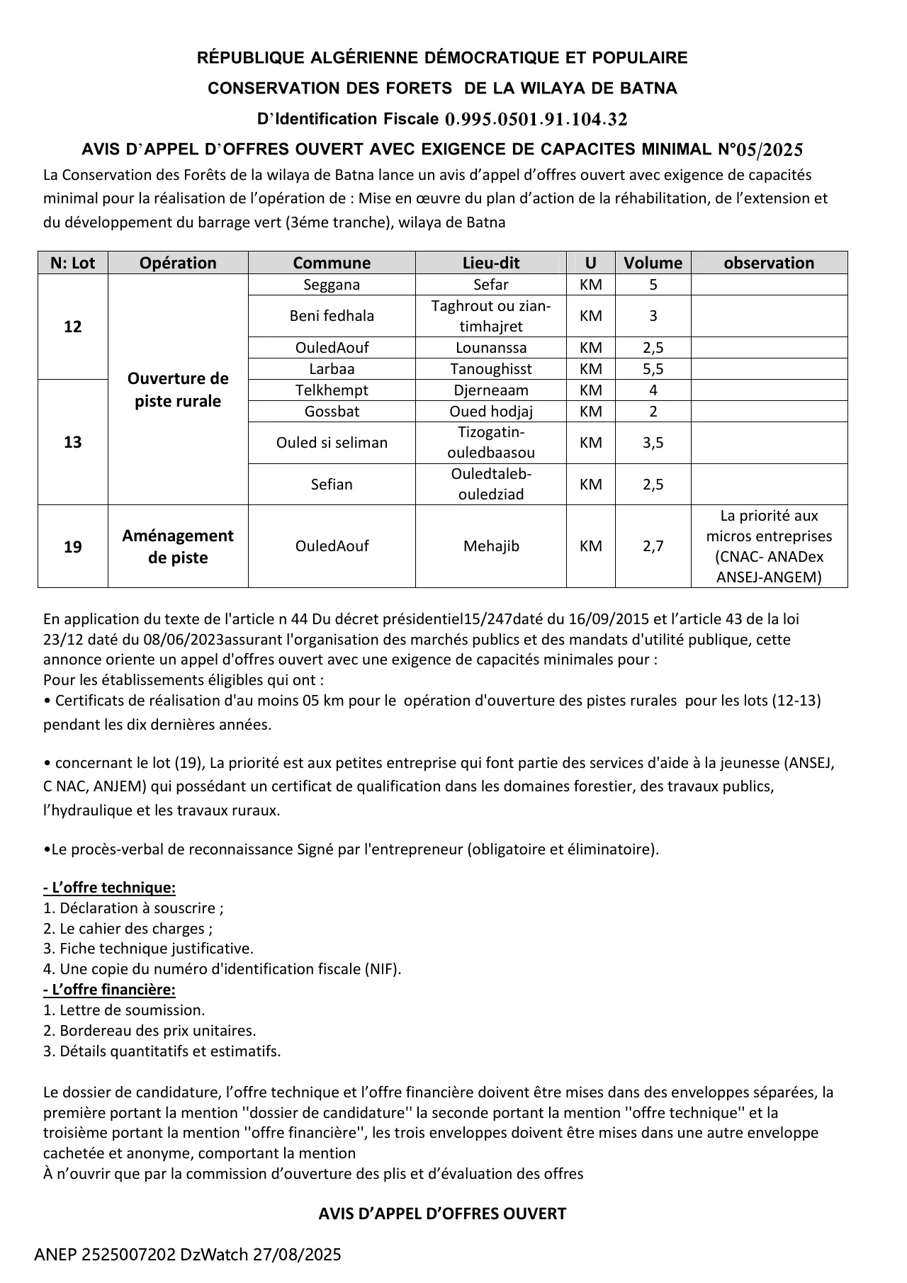 Annonce ANEP 2525007202 : APPEL D’OFFRES NATIONAL, Conservation des forets Batna