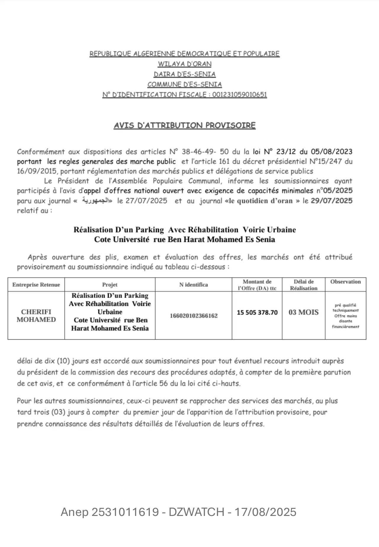 Annonce ANEP 2531011619 : AVIS D’ATTRIBUTION PROVISOIRE, Commune Es-senia
