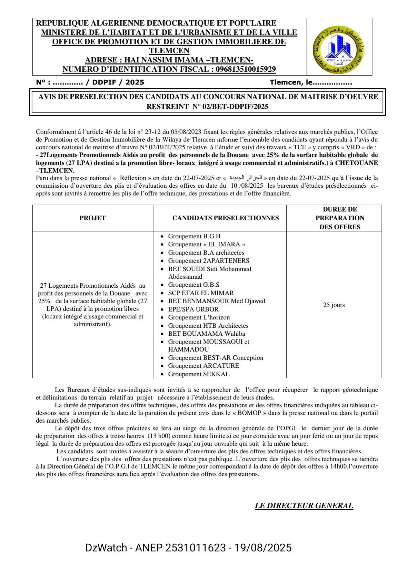 Annonce ANEP 2531011623 : concourse national de maîtrise d’œuvre restreint, OPGI TLEMCEN