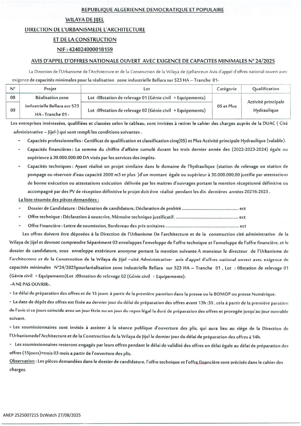 Annonce ANEP 2525007215 : APPEL D’OFFRES NATIONAL, Direction de l'urbanisme et de l'architecture et de la construction Djijel
