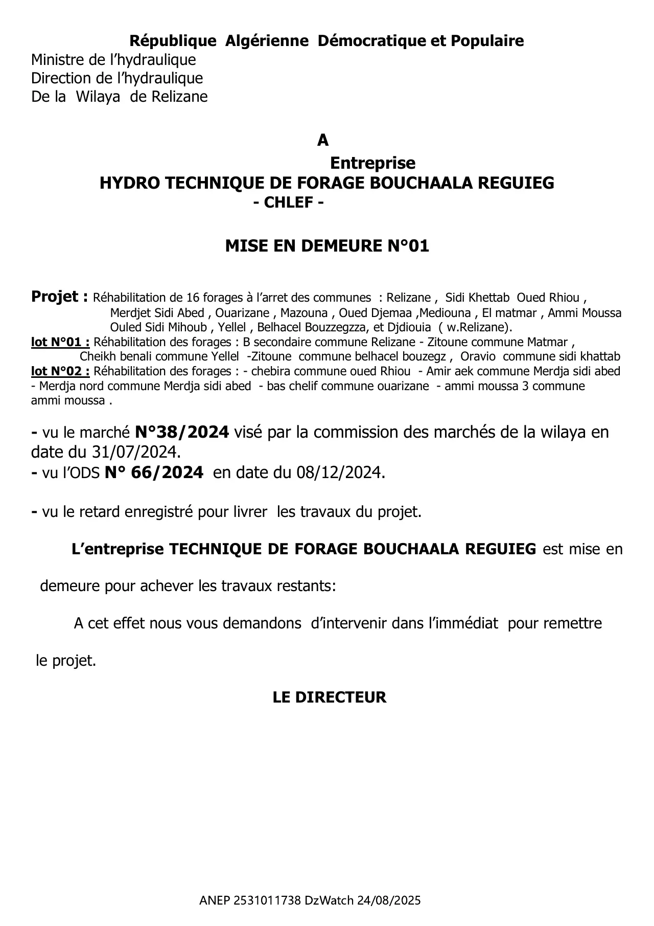 Annonce ANEP 2531011738 : MISE EN DEMEURE N°01, DIRECTION DE L'HYDRAULIQUE RELIZANE