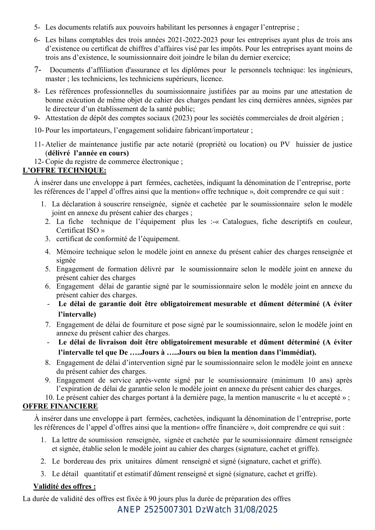 Annonce ANEP 2525007301 : AVIS D'APPEL D'OFFRES OUVERT AVEC EXIGENCE DE CAPACITE MINIMALE, CENTRE HOSPITALO-UNIVERSITAIRE BENFLIS TOUHAMI BATNA