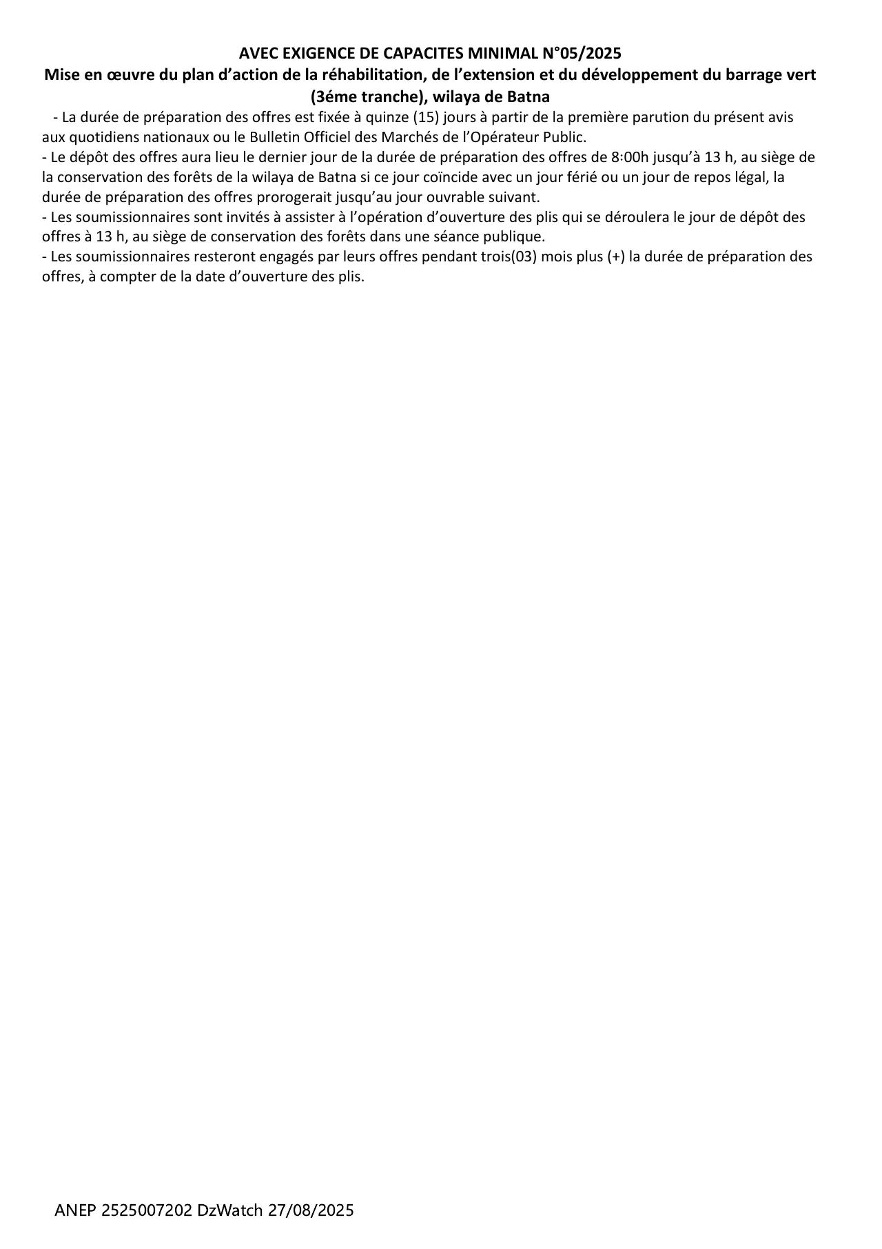 Annonce ANEP 2525007202 : APPEL D’OFFRES NATIONAL, Conservation des forets Batna