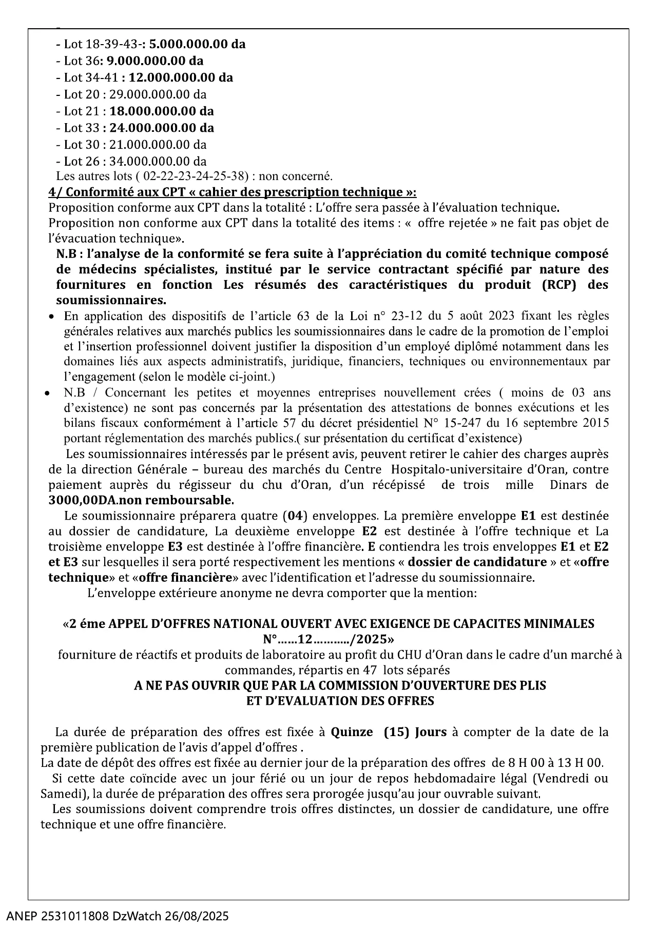 Annonce ANEP 2531011808 : 2 éme AVIS D'APPEL D'OFFRES NATIONAL OUVERT, C H U ORAN