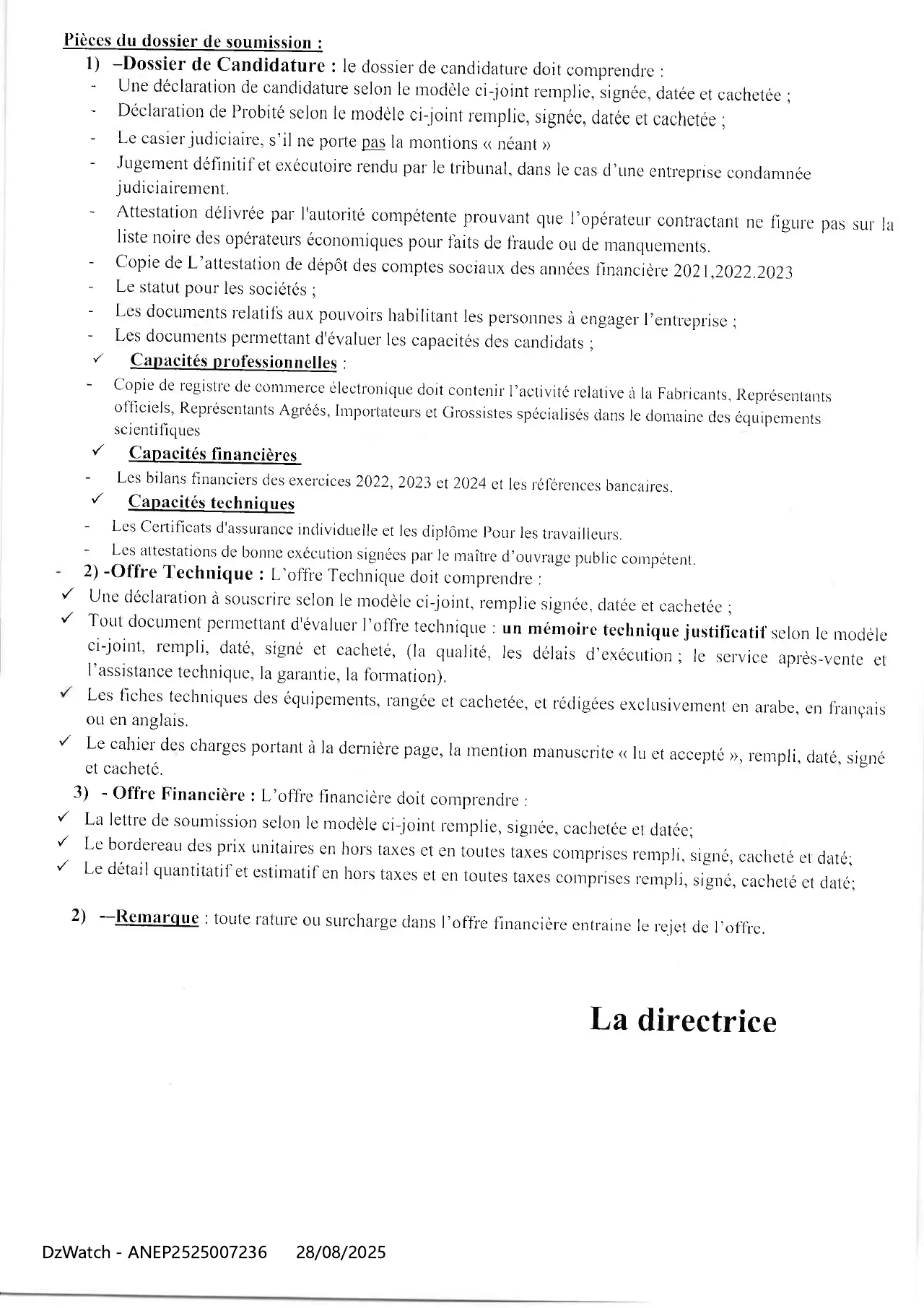 Annonce ANEP 2525007236 : AVIS D'APPEL D'OFFRES NATIONAL OUVERT AVEC EXIGENCE DE CAPACIT'ES MINIMALES, ECOLE NATIONALE SUPERIEURE DES FORETS KHENCHLA