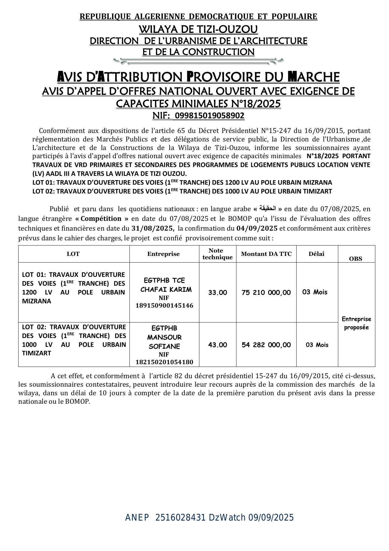Annonce ANEP 2516028431 : AVIS D’ATTRIBUTION PROFISIORE DU MARCHE AVIS APPEL D’OFFER NATIONAL OUVERT AVEC EXIGENCE DE CAPACITES MINIMALS, DIRECTION DE L’URBANISME DE L’ARCHITECTURE ET DE LA CONSTRUCTION TIZI-OUZOU