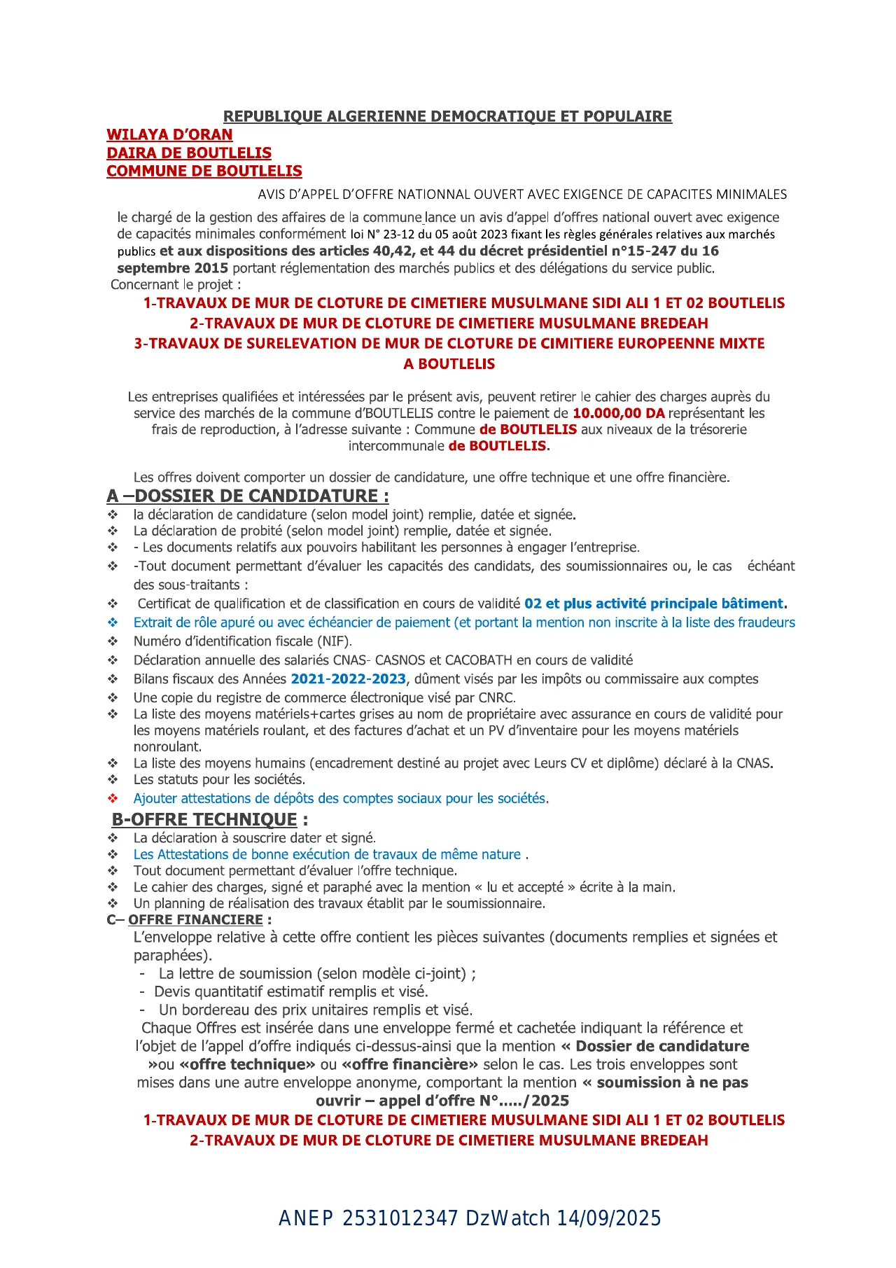 Annonce ANEP 2531012347 : AVIS APPEL D’OFFER NATIONAL OUVERT AVEC EXIGENCE DE CAPACITES MINIMALS, COMMUNE DE BOUTLELIS