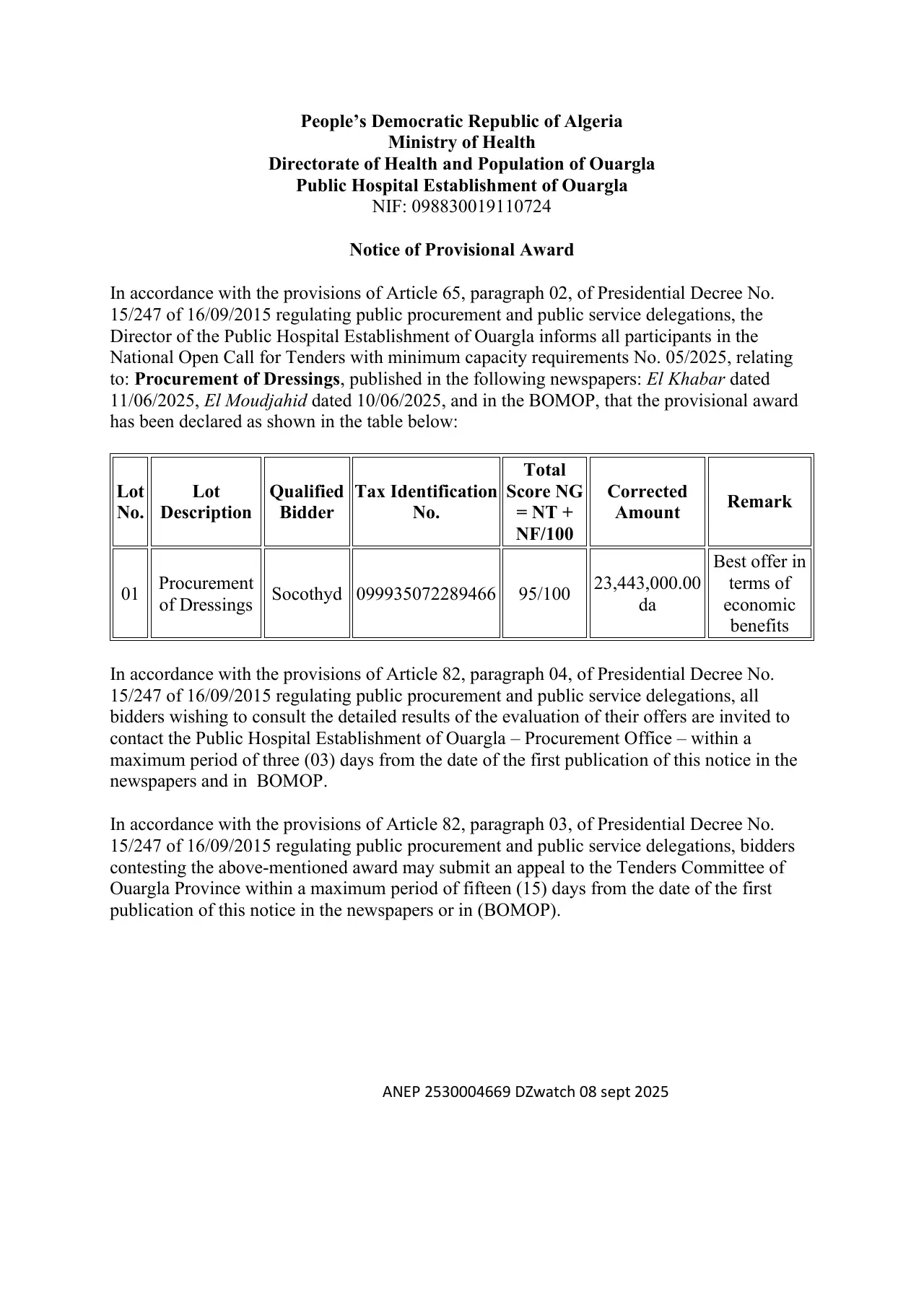 Annonce ANEP 2530004669 : Notice of Provisional Award, E P H Ouargla