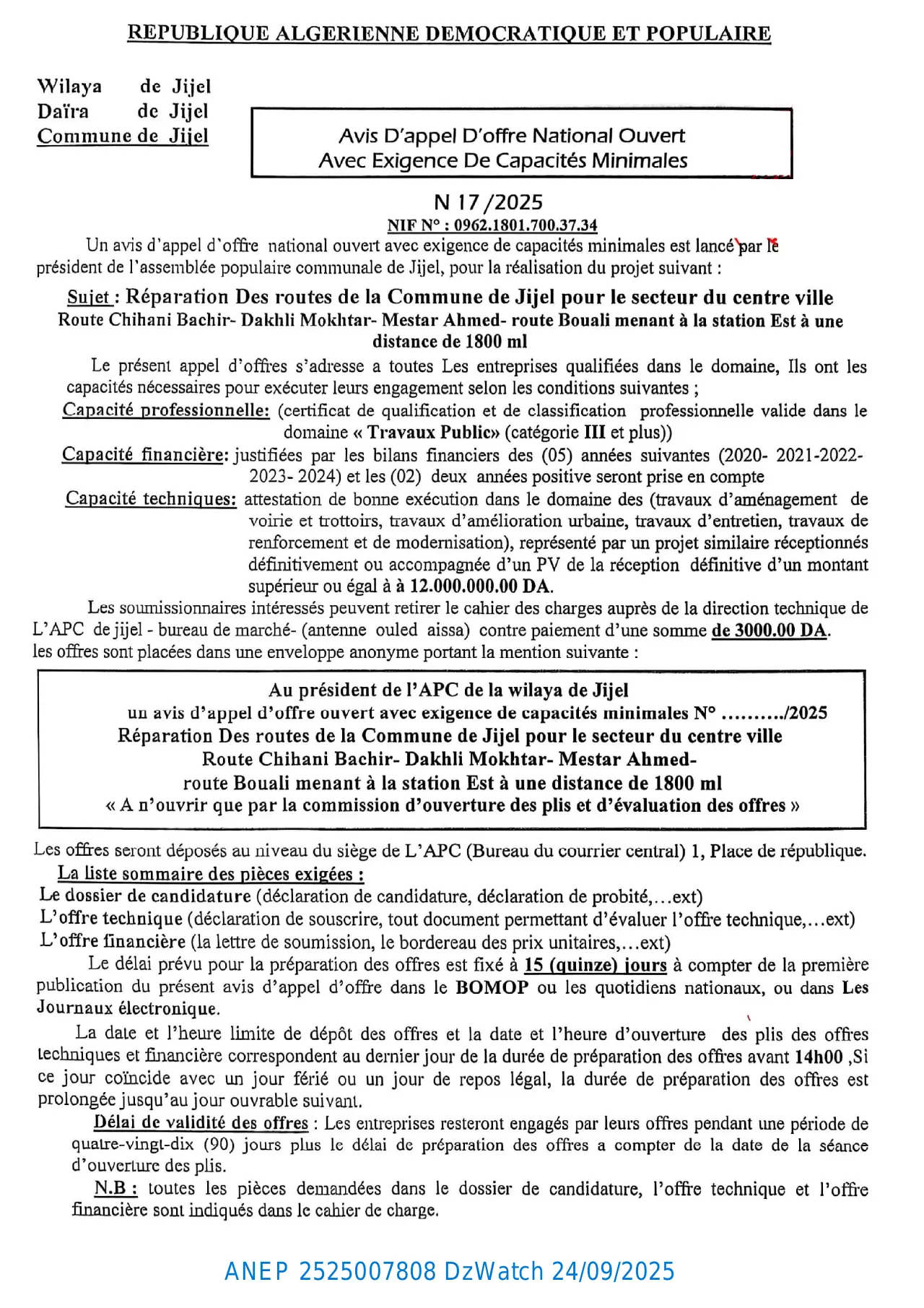 Annonce ANEP 2525007808 : AVIS APPEL D’OFFER NATIONAL OUVERT AVEC EXIGENCE DE CAPACITES MINIMALS, COMMUNE JIJEL