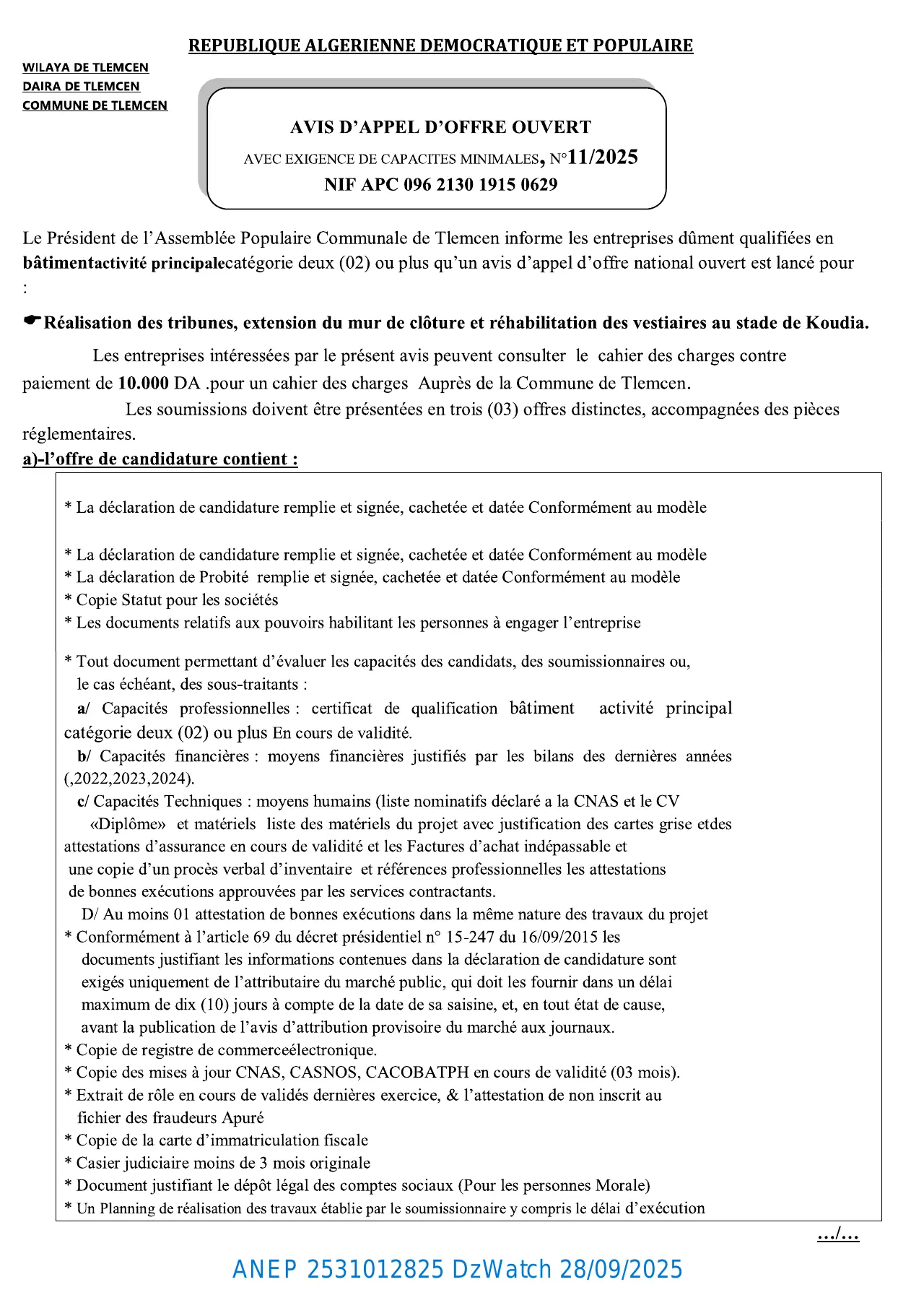 Annonce ANEP 2531012825 : AVIS D’APPEL D’OFFER OUVERT AVEC EXIGENCE DE CAPACITES MINIMALS, COMMUNE TLEMCEN
