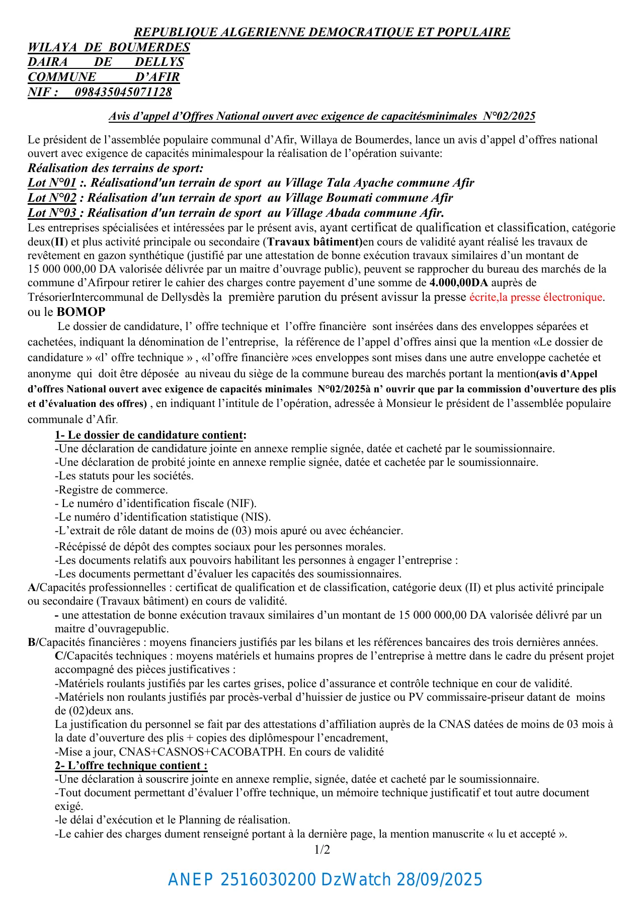 Annonce ANEP 2516030200 : Avis d’appel d’Offres National ouvert avec exigence de capacités minimales, COMMUNE D’AFIR
