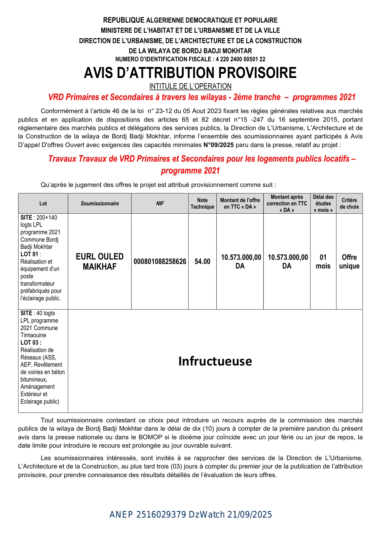Annonce ANEP 2516029379 : AVIS D’ATTRIBUTION PROVISOIRE, DIRECTION DE L’URBANISME, DE L’ARCHITECTURE ET DE LA CONSTRUCTION