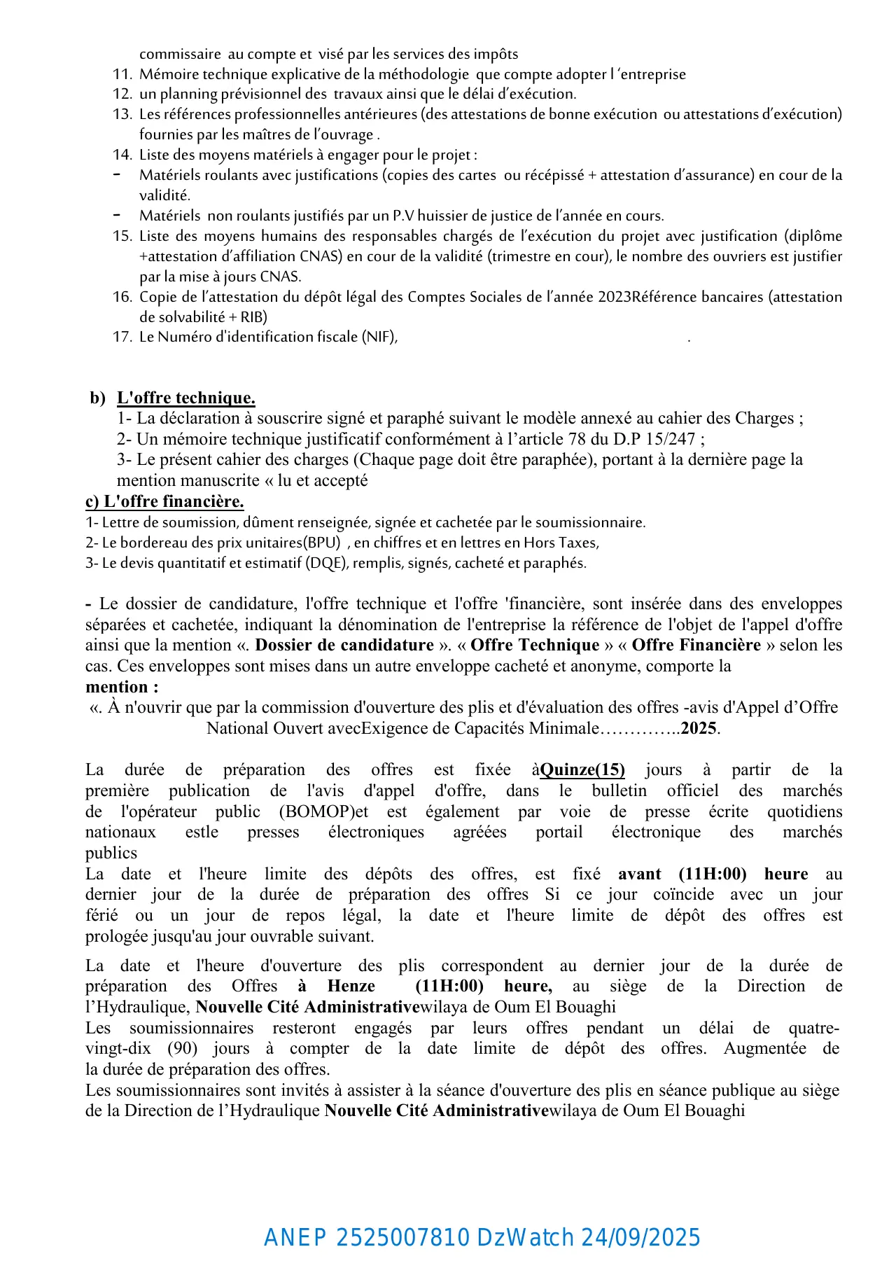 Annonce ANEP 2525007810 : AVIS D'APPEL D’OFFER NATIONAL OUVERT AVEC EXIGENCE DE CAPACITES MINIMALS, DIRECTION DE L'HYDRAULIQUE OUM EL BOUAGHI