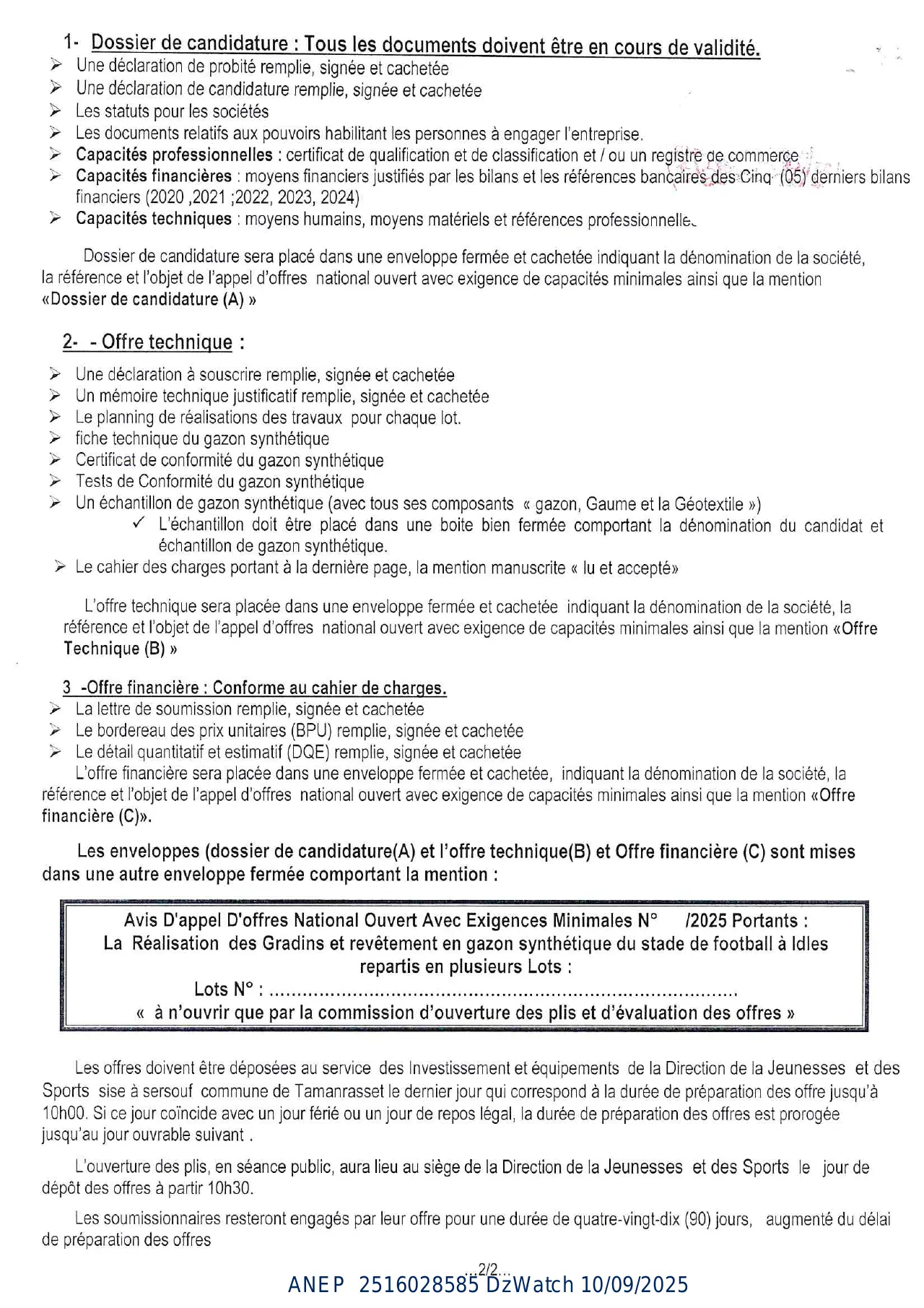 Annonce ANEP 2516028585 : AVIS APPEL D’OFFER NATIONAL OUVERT AVEC EXIGENCE DE CAPACITES MINIMALS, DIRECTION DE LA JEUNESSE ET DES SPORTS TAMANRASSET