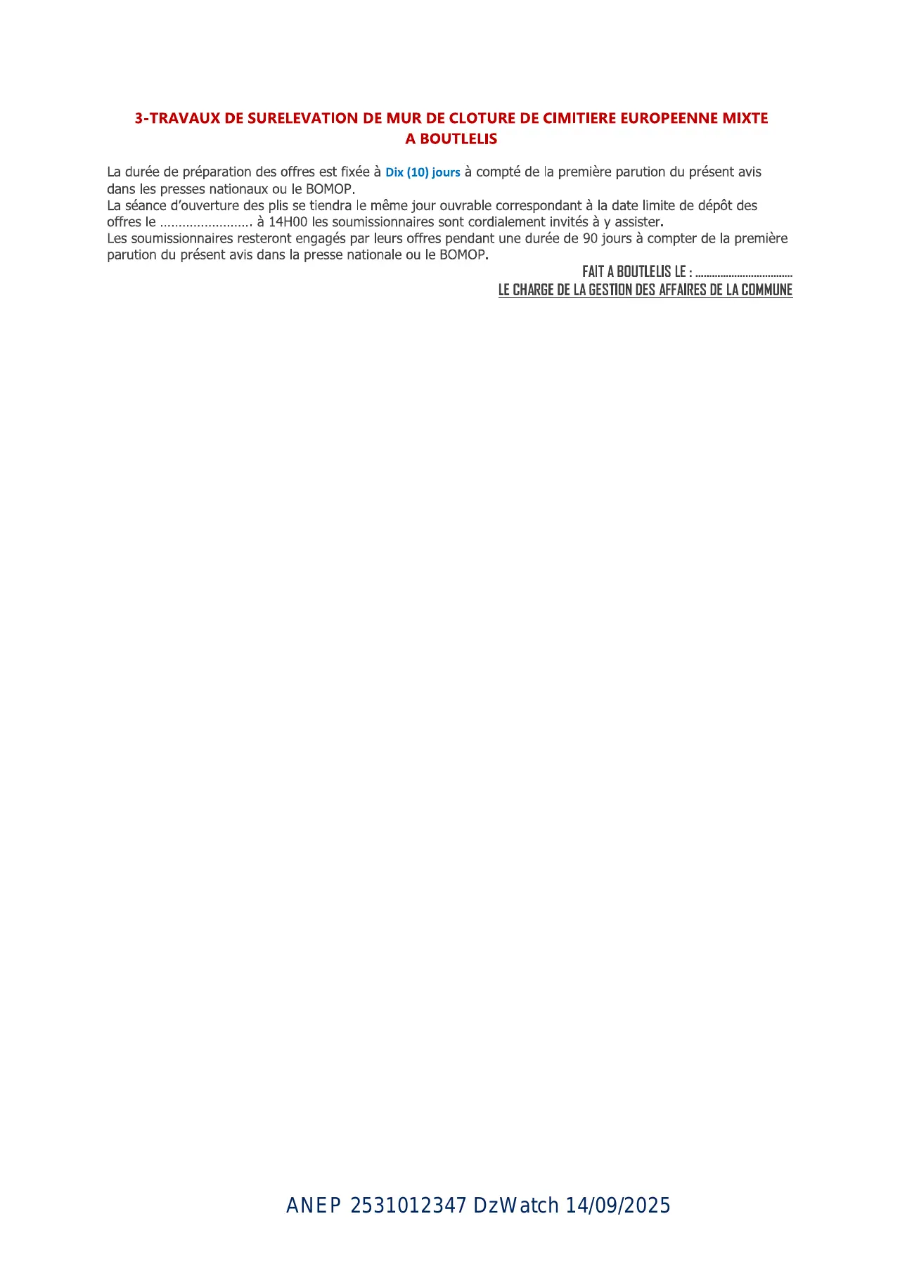 Annonce ANEP 2531012347 : AVIS APPEL D’OFFER NATIONAL OUVERT AVEC EXIGENCE DE CAPACITES MINIMALS, COMMUNE DE BOUTLELIS