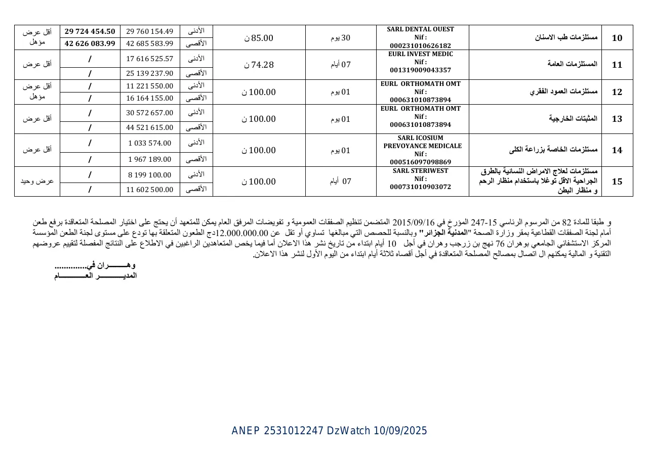 إعلان ANEP 2531012247: إعلان عن المنح المؤقت للصفقة، المركز الاستشفائي الجامعي بوهران