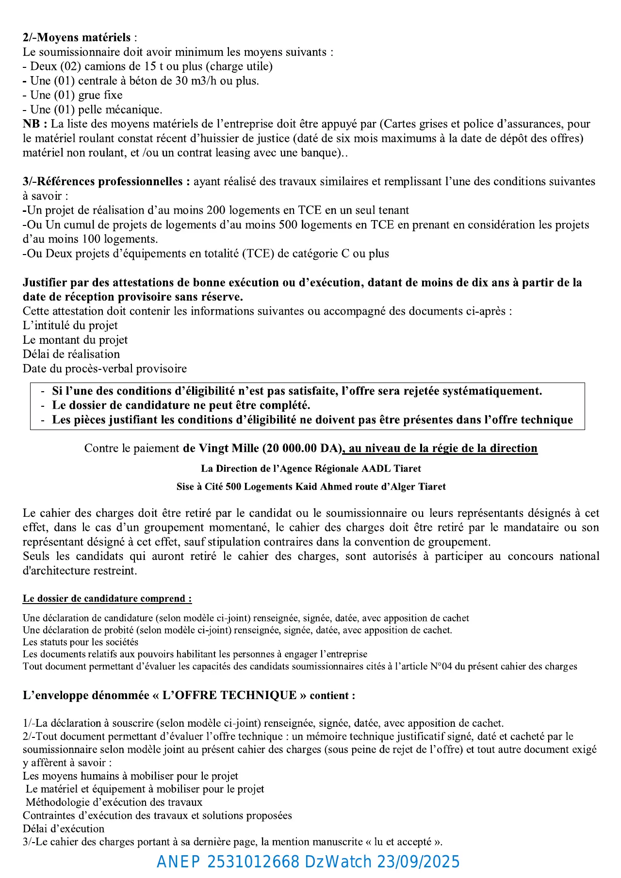 Annonce ANEP 2531012668 : APPEL D’OFFER NATIONAL OUVERT AVEC EXIGENCE DE CAPACITES MINIMALS, AADL DIRECTION REGINALE TIARET