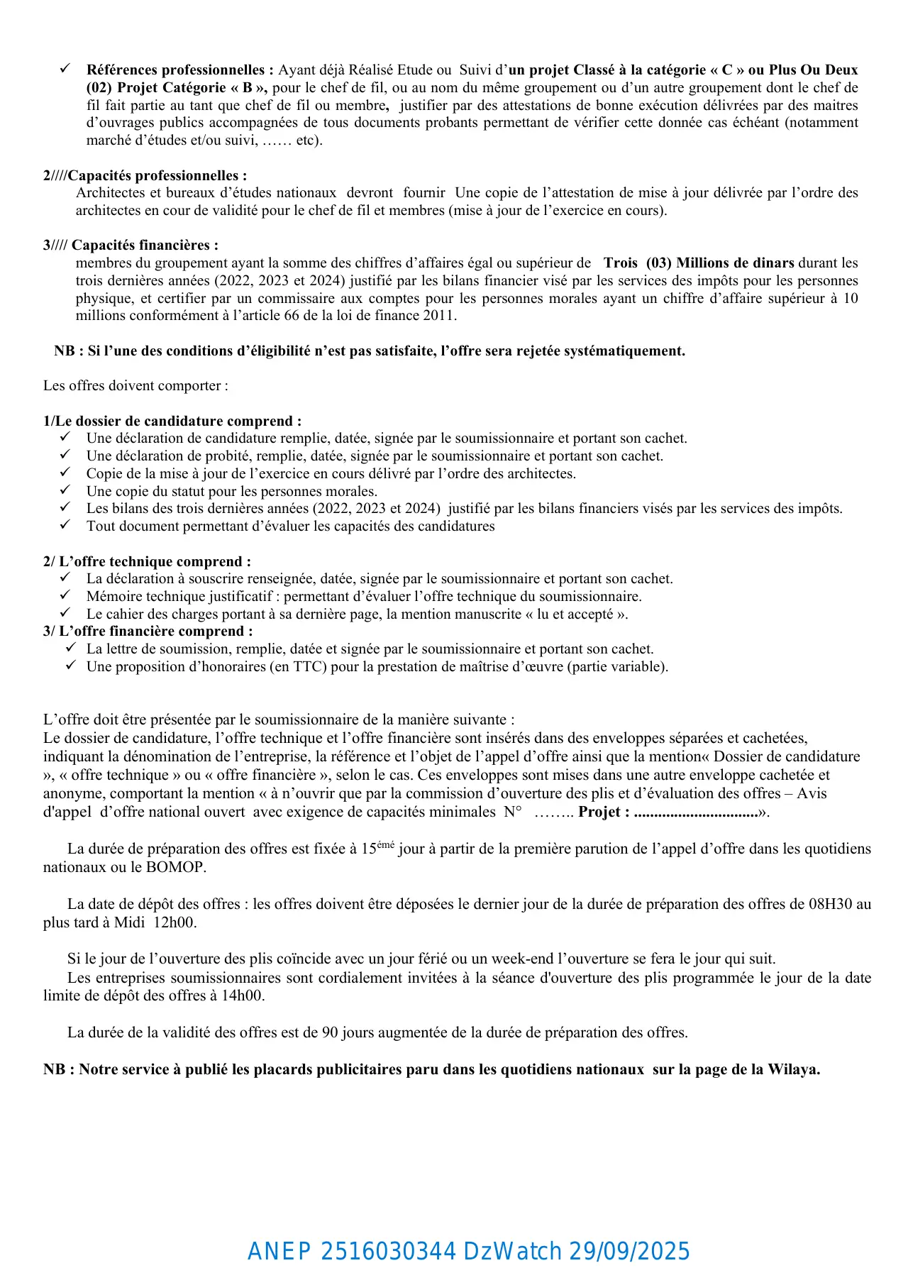 Annonce ANEP 2516030344 : Avis d'Appel d’Offre National Ouvert Avec Exigence de Capacités Minimales, Direction des Equipements Publics de la Wilaya de Blida