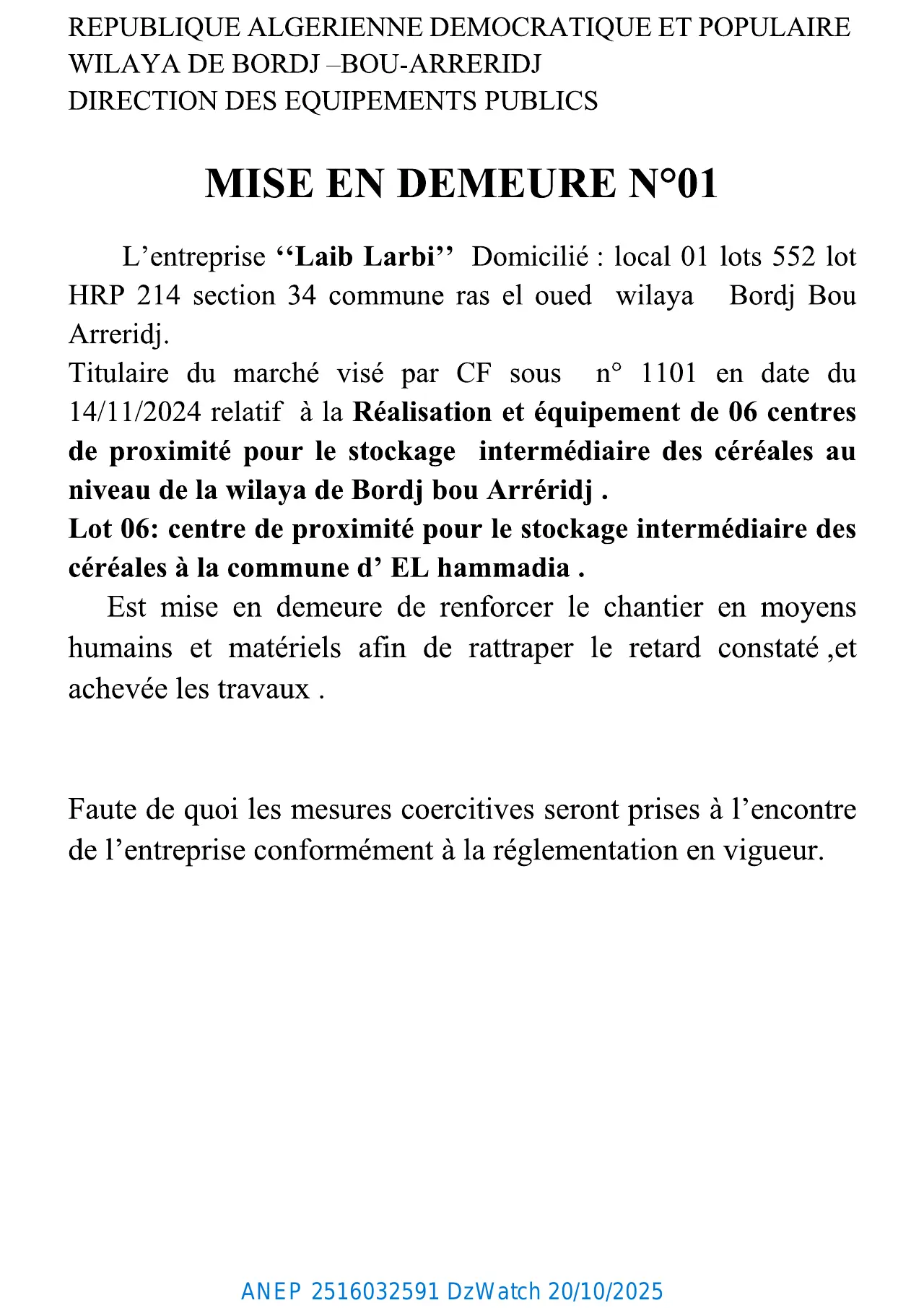 Annonce ANEP 2516032591 : MISE EN DEMEURE N°01, DIRECTION DES EQUIPEMENTS PUBLICS BORDJ BOU ARRERIDJ
