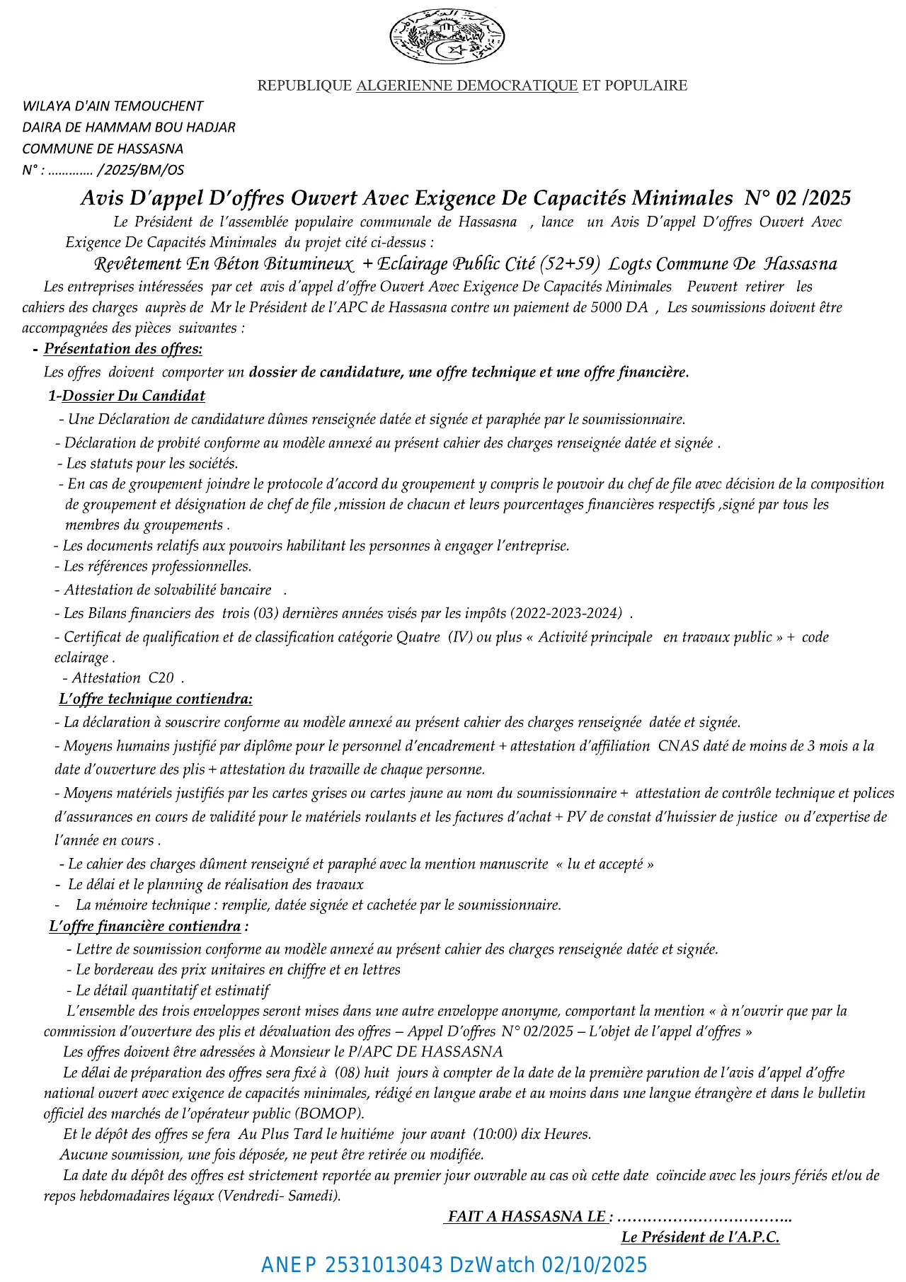 Annonce ANEP 2531013043 : AVIS D’APPEL D’OFFER OUVERT AVEC EXIGENCE DE CAPACITES MINIMALS, COMMUNE HASSASNA