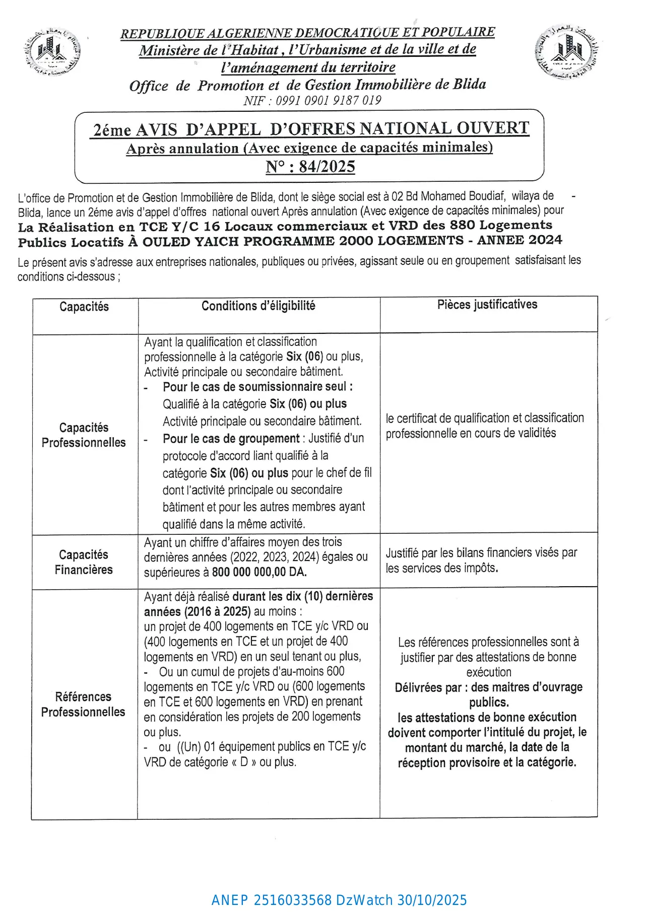 Annonce ANEP 2516033568 : 2eme AVIS D’APPEL D’OFFERS NATIONAL OUVERT APRES ANNULATION AVEC EXIGENCE DE CAPACITES MINIMALS, OFFICE DE PROMOTION ET DE GESTION IMMOBILIÈRE DE BLIDA