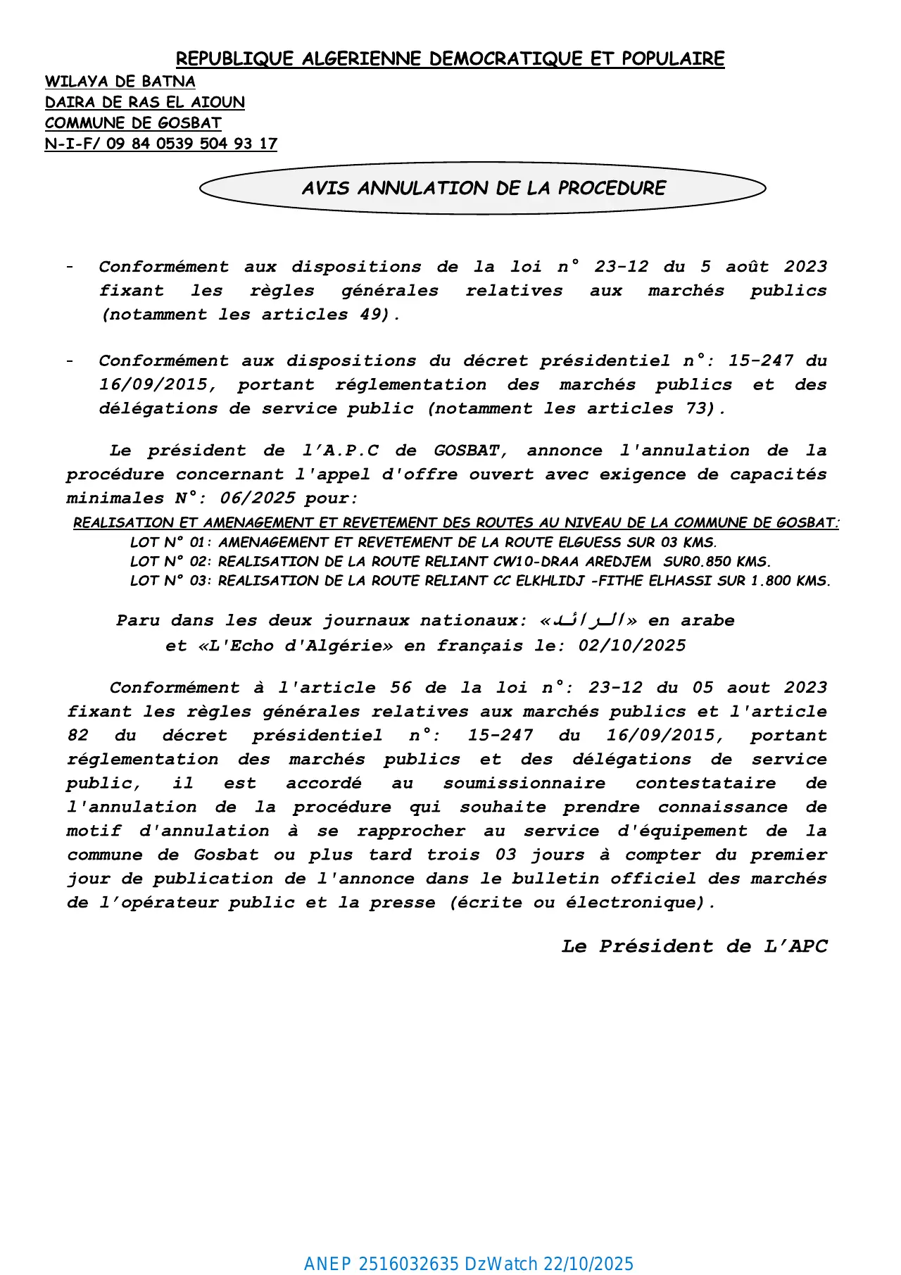 Annonce ANEP 2516032635 : AVIS ANNULATION DE LA PROCEUDURE, COMMUNE GOSBAT