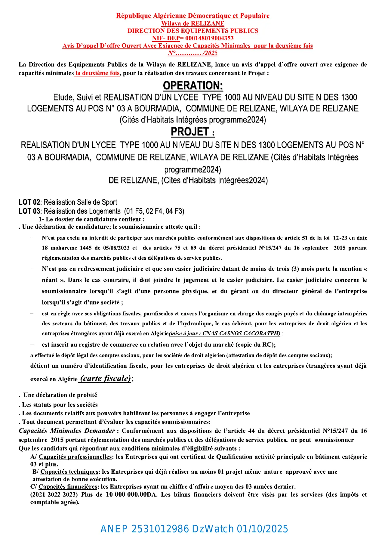 Annonce ANEP 2531012986 : AVIS D’APPEL D’OFFER OUVERT AVEC EXIGENCE DE CAPACITES MINIMALS POUR LA DEUXIME FOIS, DIRECTION DES EQUIPEMENTS PUBLICS RELIZANE