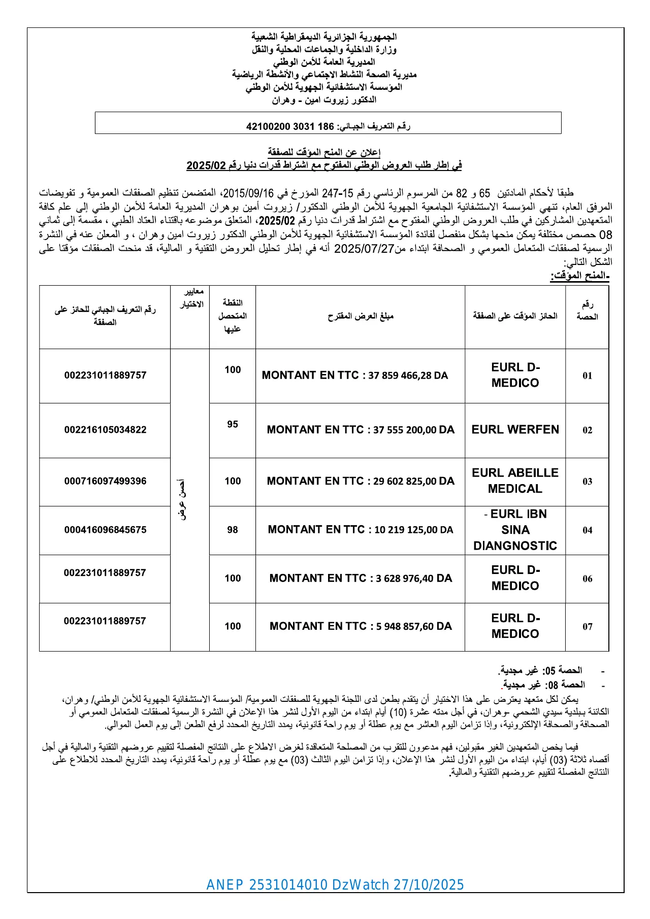 إعلان ANEP 2531014010: ⁨إعلان عن المنح المؤقت للصفقة في إطار طلب العروض الوطني المفتوح مع اشتراط قدرات دنيا⁩، ⁨المؤسسة الإستشفائية الجهوية للأمن الوطني الدكتور زيروت أمين -وهران⁩