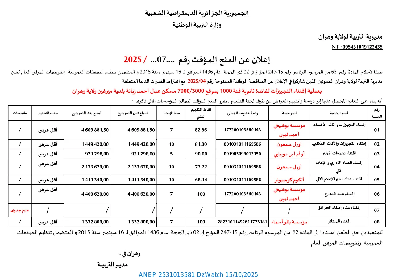 إعلان ANEP 2531013581: ⁨إعلان عن المنح المؤقت⁩، ⁨مديرية التربية لولاية وهران⁩