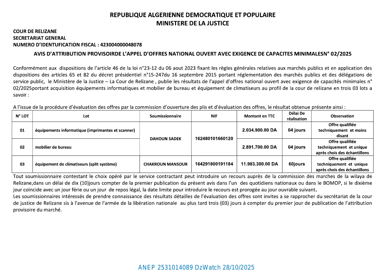 Annonce ANEP 2531014089 : AVIS D’ATTRIBUTION PROVISIORE L’APPEL D’OFFERS NATIONAL OUVERT AVEC EXIGENCE DE CAPACITES MINIMALS, COUR RELIZANE