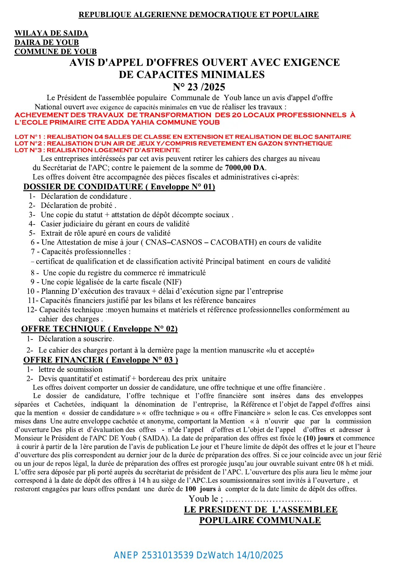 Annonce ANEP 2531013539 : AVIS D’APPEL D’OFFERS OUVERT AVEC EXIGENCE DE CAPACITES MINIMALS, COMMUNE DE YOUB