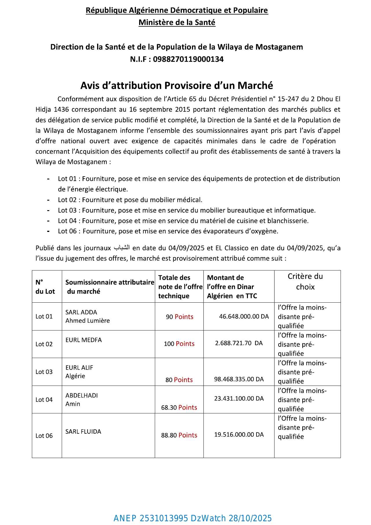 Annonce ANEP 2531013995 : Avis d’attribution Provisoire d’un Marché, Direction de la Santé et de la Population de la Wilaya de Mostaganem