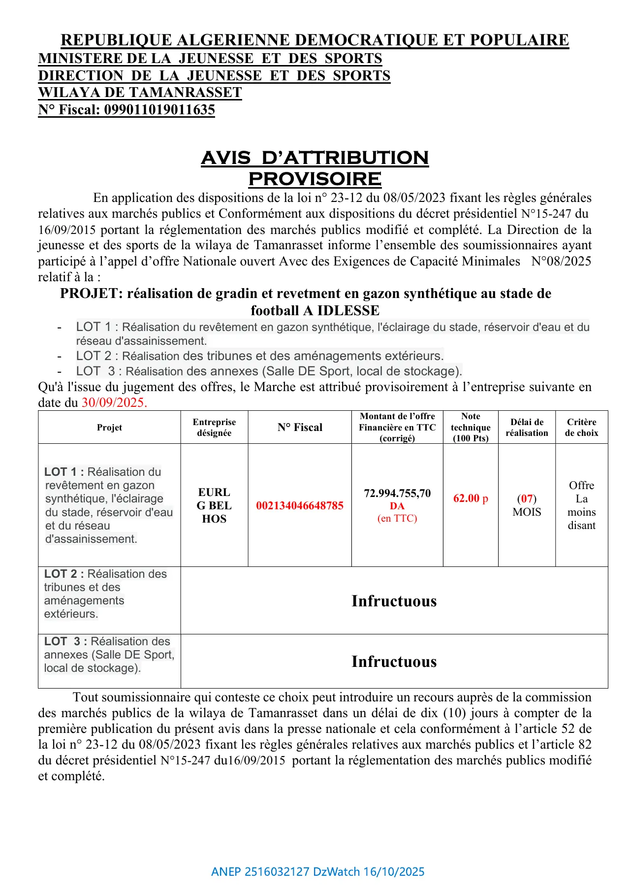 Annonce ANEP 2516032127 : AVIS D’ATTRIBUTION PROVISOIRE, DIRECTION DE LA JEUNESSE ET DES SPORTS TAMANRASSET