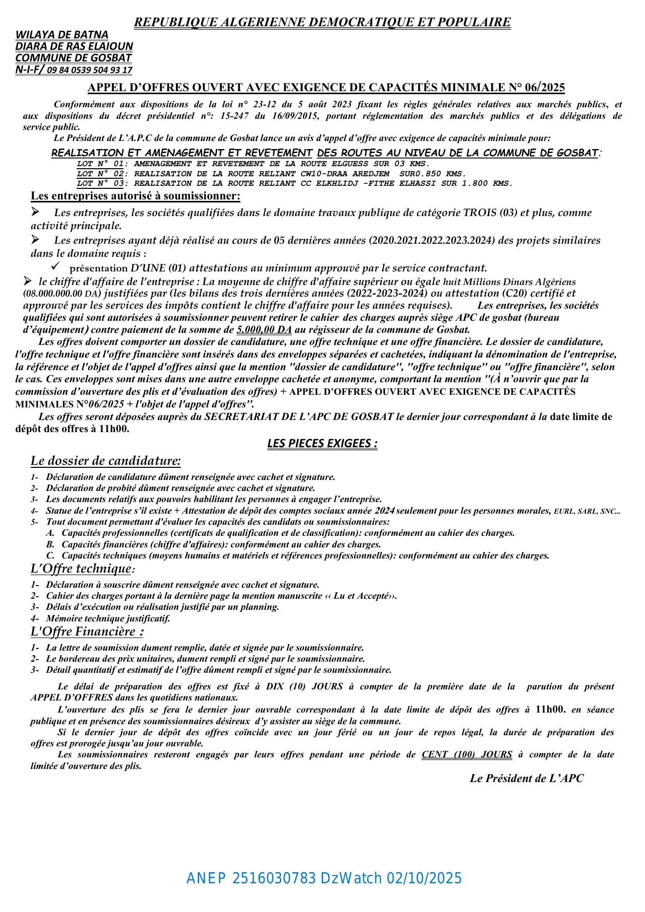 Annonce ANEP 2516030783 : APPEL D’OFFRES OUVERT AVEC EXIGENCE DE CAPACITÉS MINIMALE N° 06/2025, COMMUNE DE GASBAT