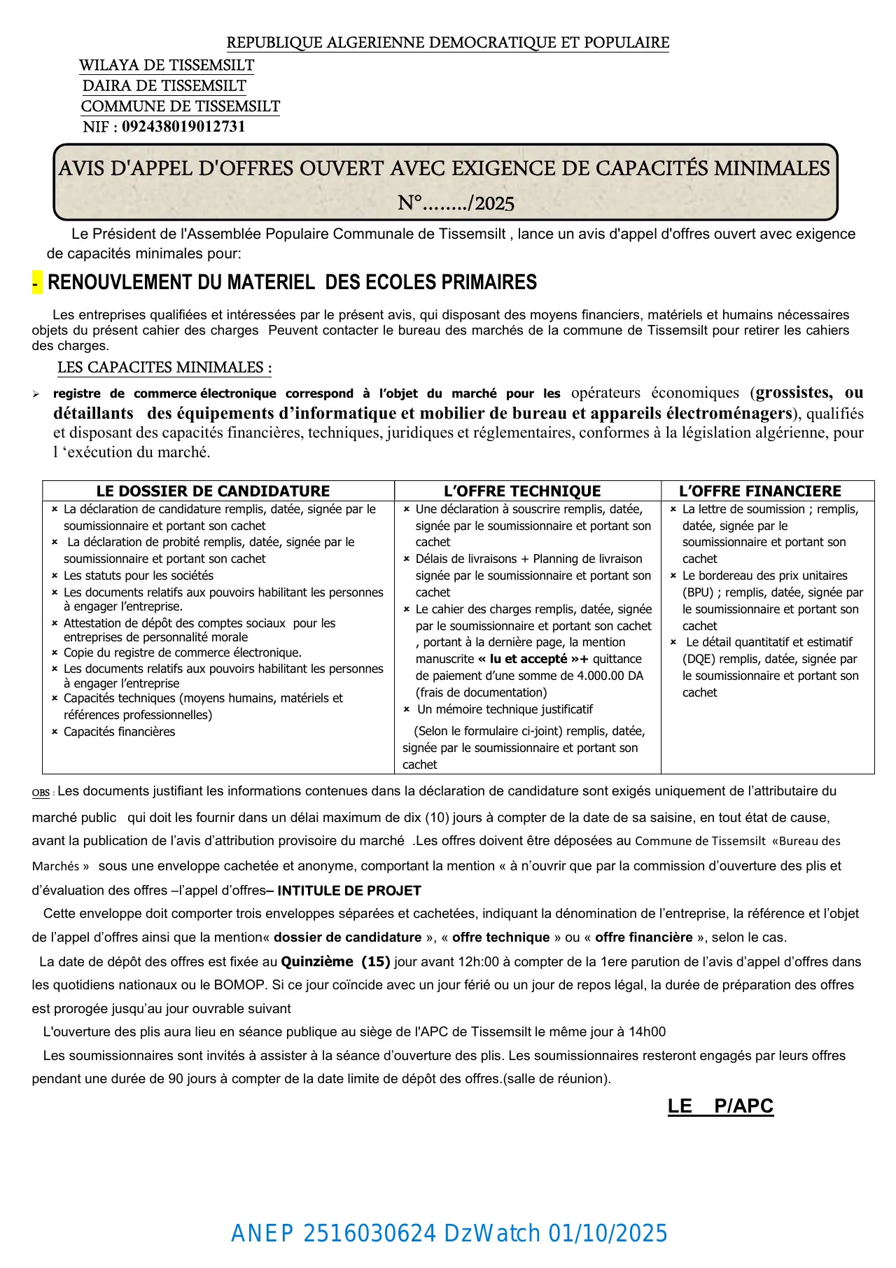 Annonce ANEP 2516030624 : AVIS D'APPEL D'OFFRES OUVERT AVEC EXIGENCE DE CAPACITÉS MINIMALES, COMMUNE DE TISSEMSILT