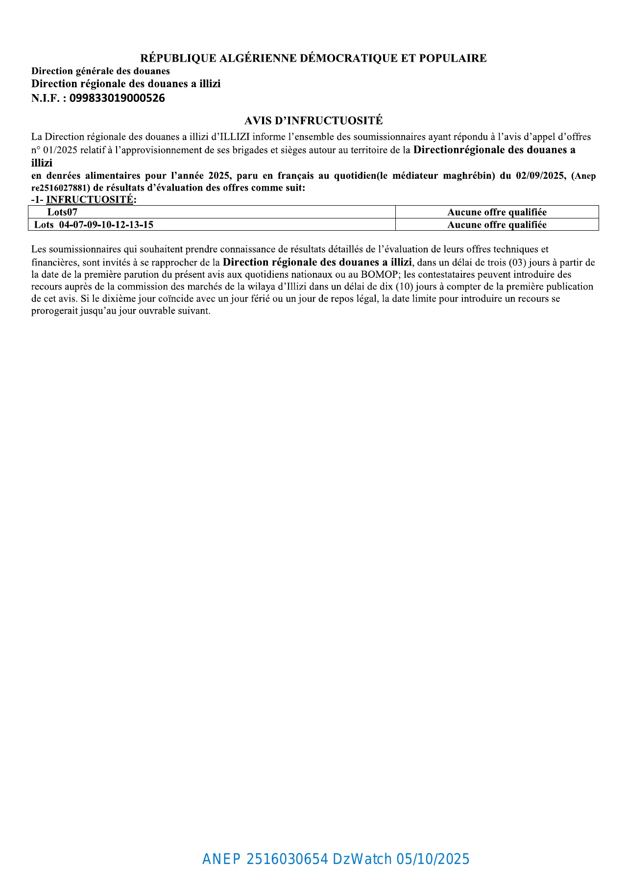 Annonce ANEP 2516030654 : AVIS D’INFRUCTUOSITÉ, DIRECTION RÉGIONALE DES DOUANES À ILLIZI