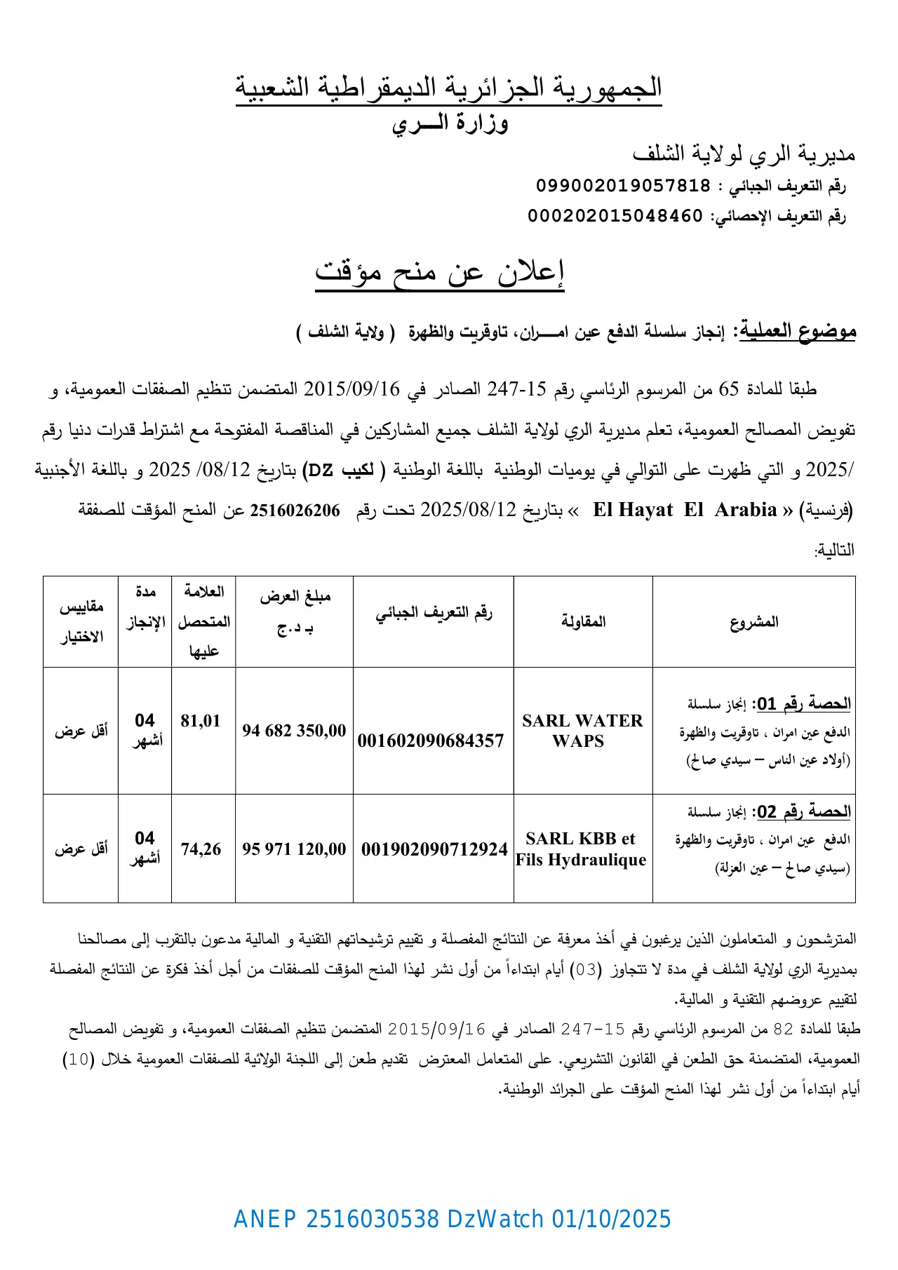 إعلان ANEP 2516030538: إعلان عن منح مؤقت، مديرية الري لولاية الشلف