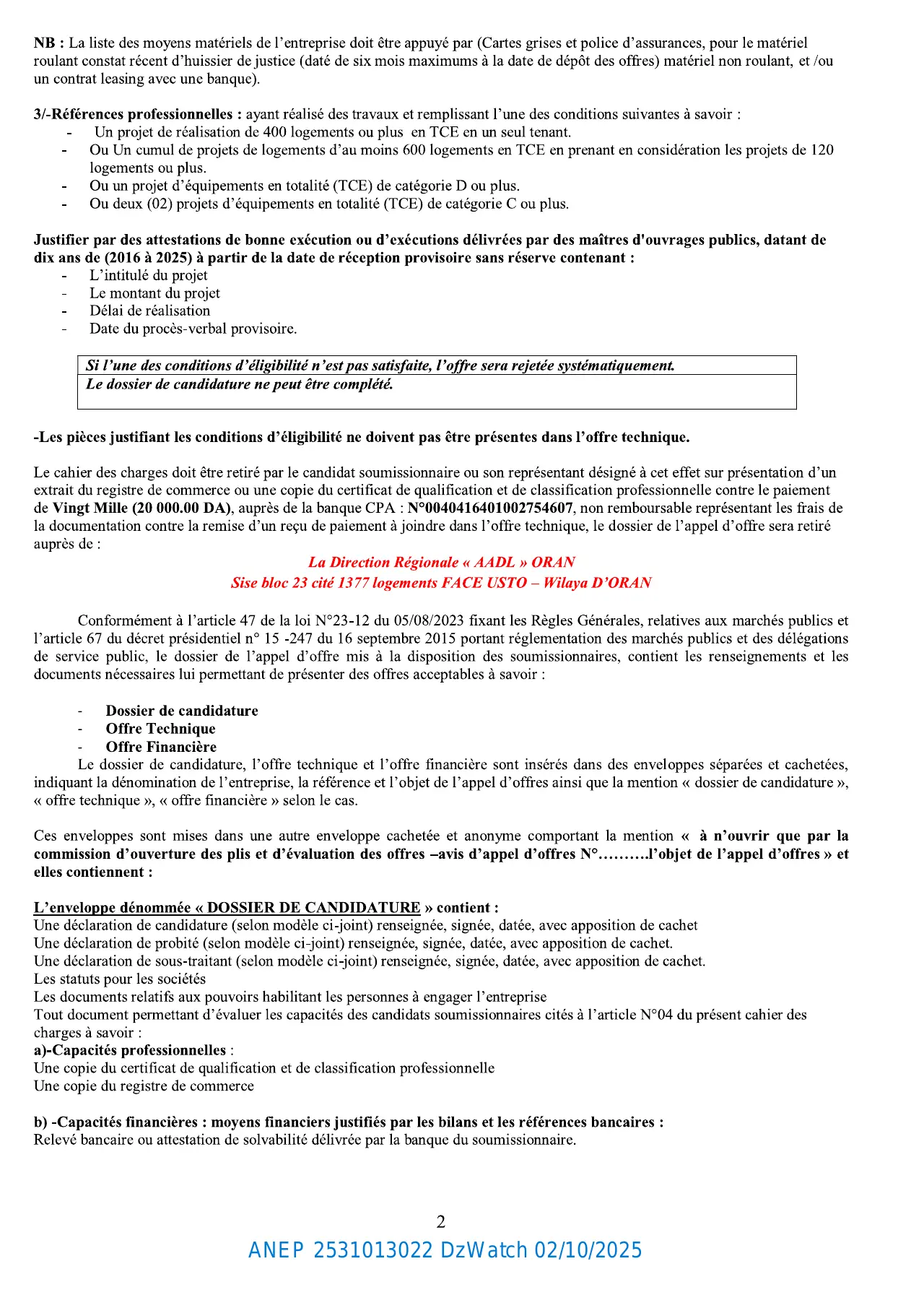 Annonce ANEP 2531013022 : AVIS D’APPEL D’OFFER NATIONAL OUVERT AVEC EXIGENCE DE CAPACITES MINIMALS, AADL DIRECTION REGIONALE ORAN