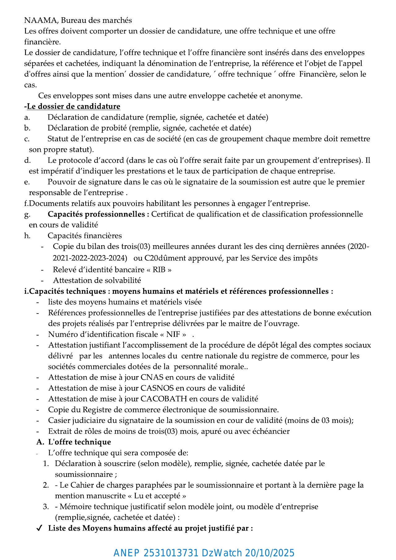 Annonce ANEP 2531013731 : AVIS D’APPEL D’OFFER NATIONAL OUVERT AVEC EXIGENCE DE CAPACITES MINIMALS, DIRECTION DES TRAVAUX PUBLICS NAAMA
