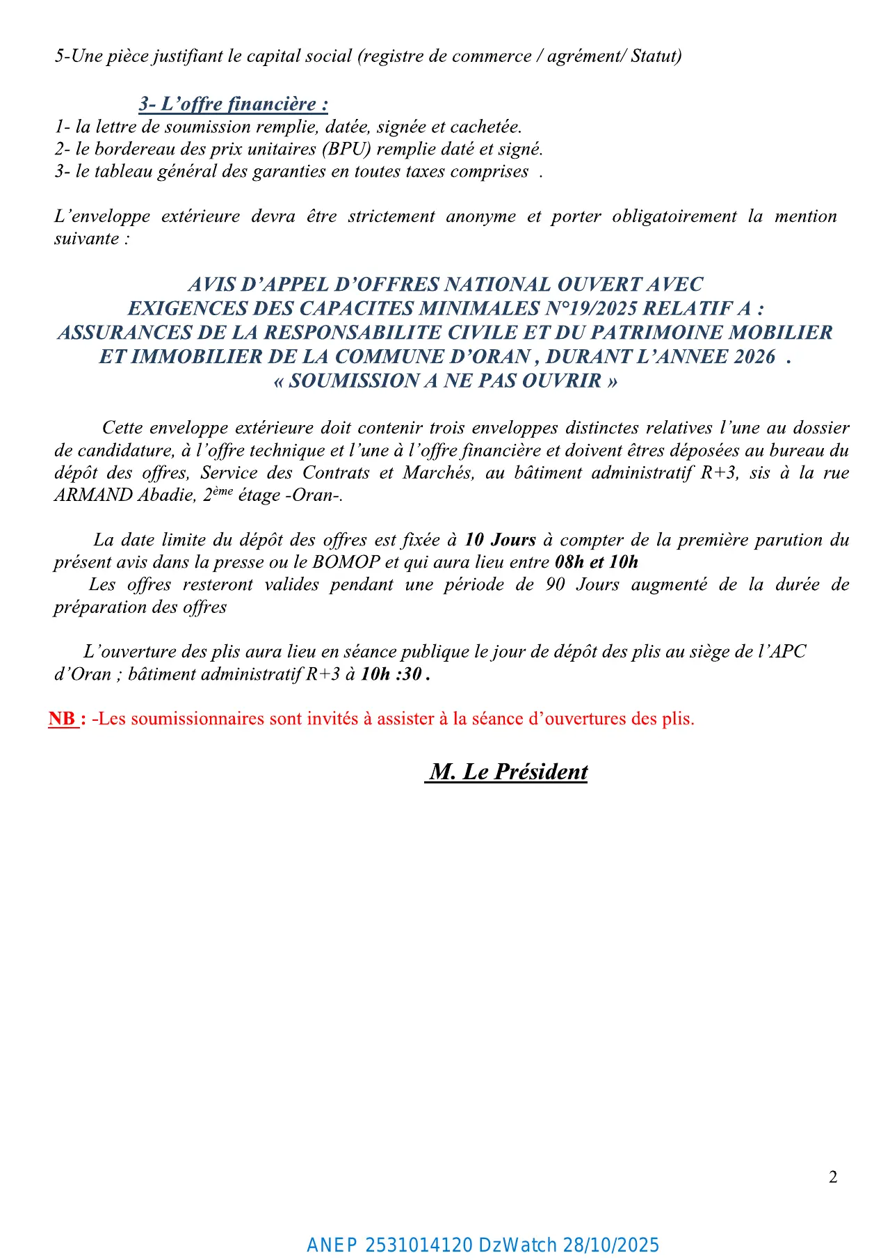 Annonce ANEP 2531014120 : AVIS D’APPEL D’OFFERS NATIONAL OUVERT AVEC EXIGENCE DE CAPACITES MINIMALS, COMMUNE ORAN