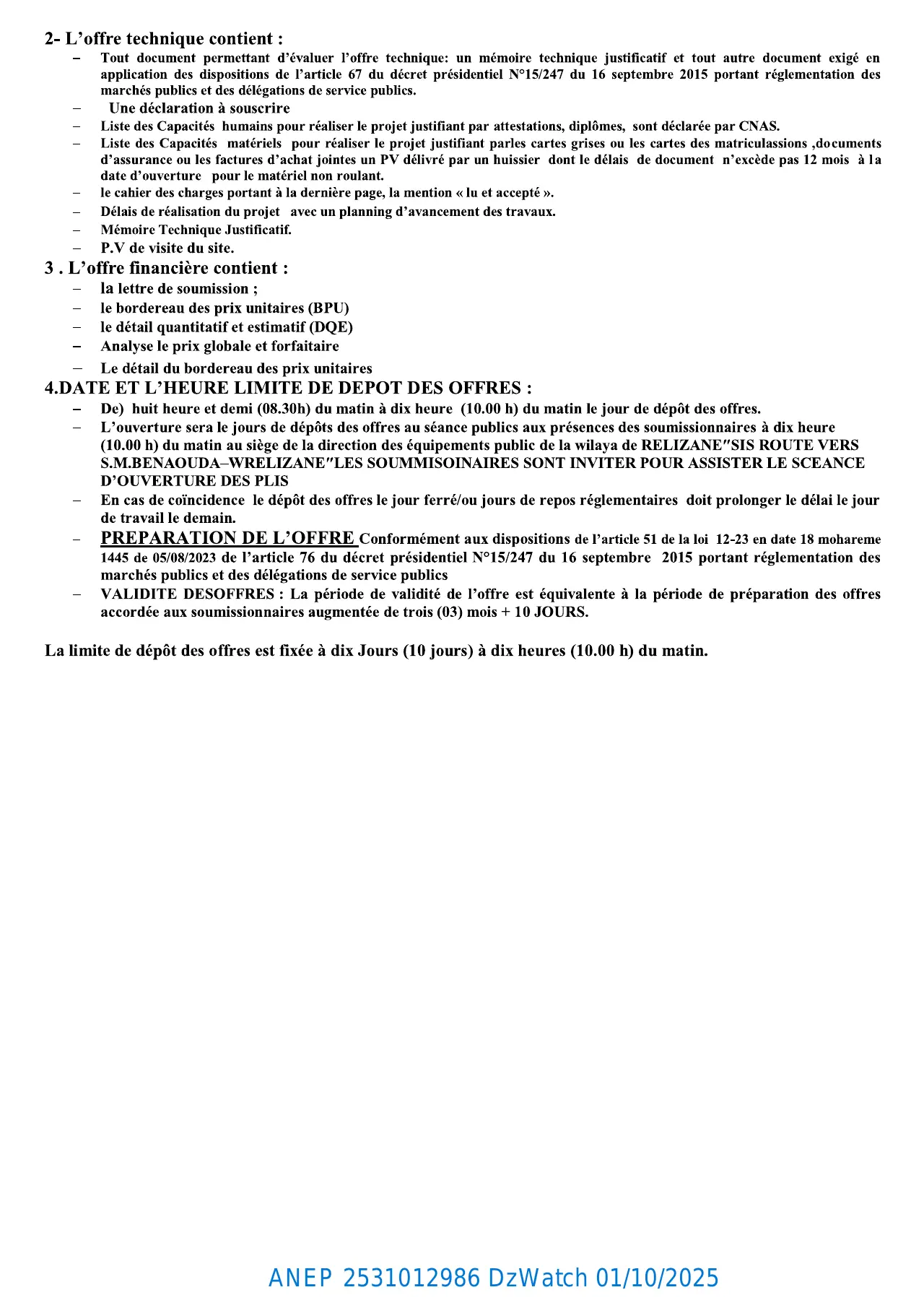 Annonce ANEP 2531012986 : AVIS D’APPEL D’OFFER OUVERT AVEC EXIGENCE DE CAPACITES MINIMALS POUR LA DEUXIME FOIS, DIRECTION DES EQUIPEMENTS PUBLICS RELIZANE