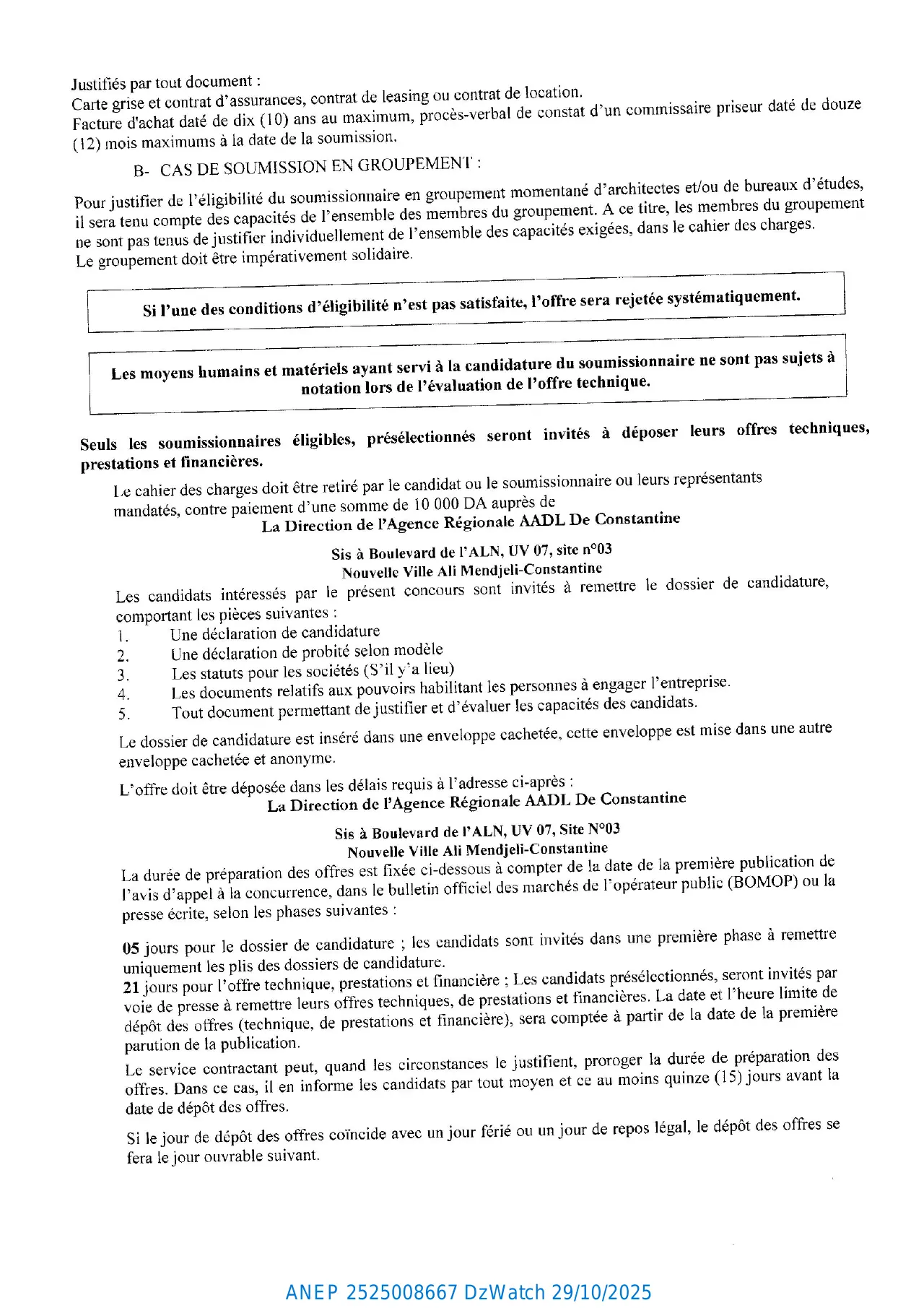 Annonce ANEP 2525008667 : CONCOURS NATIONAL D’ARCHITECTURE RESTREINT (MAITRISE D’ŒUVRE) TRANCHE INFERIEURE DE ALL 200 LOGEMENTS N° 009/HLI/ORC/AADL/2025, AGENCE NATIONALE DE L'AMELIORATION ET DU DEVELOPPEMENT DU LOGEMENT (AADL) AGENCE REGIONALE DE CONSTANTINE