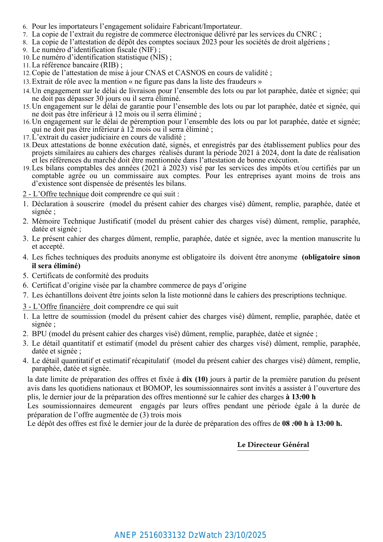 Annonce ANEP 2516033132 : Avis du deuxième appel d'offres national ouvert avec exigence de capacités minimales, Centre hospitalo-universitaire de Sétif