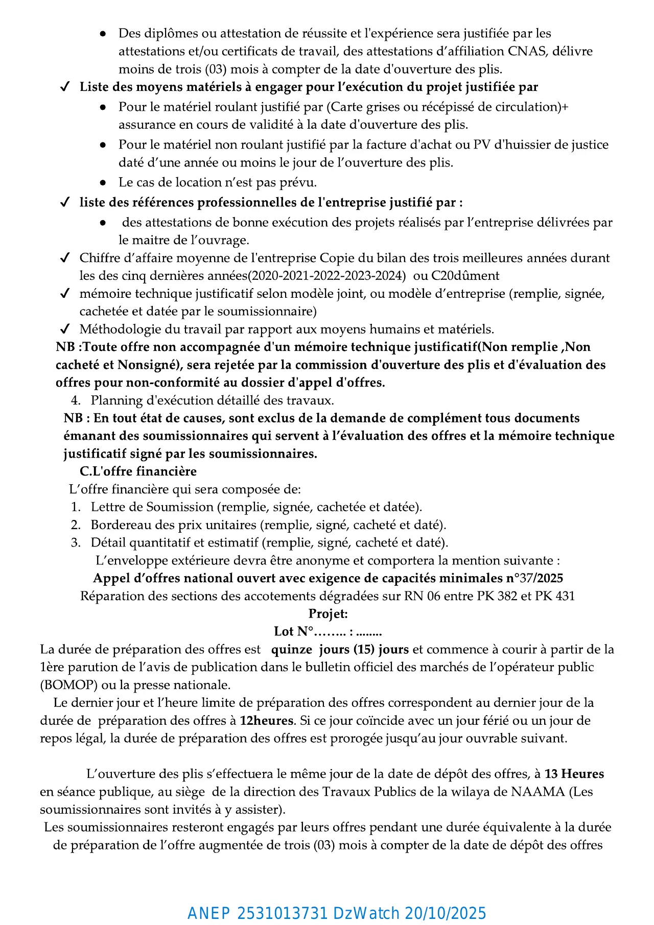 Annonce ANEP 2531013731 : AVIS D’APPEL D’OFFER NATIONAL OUVERT AVEC EXIGENCE DE CAPACITES MINIMALS, DIRECTION DES TRAVAUX PUBLICS NAAMA