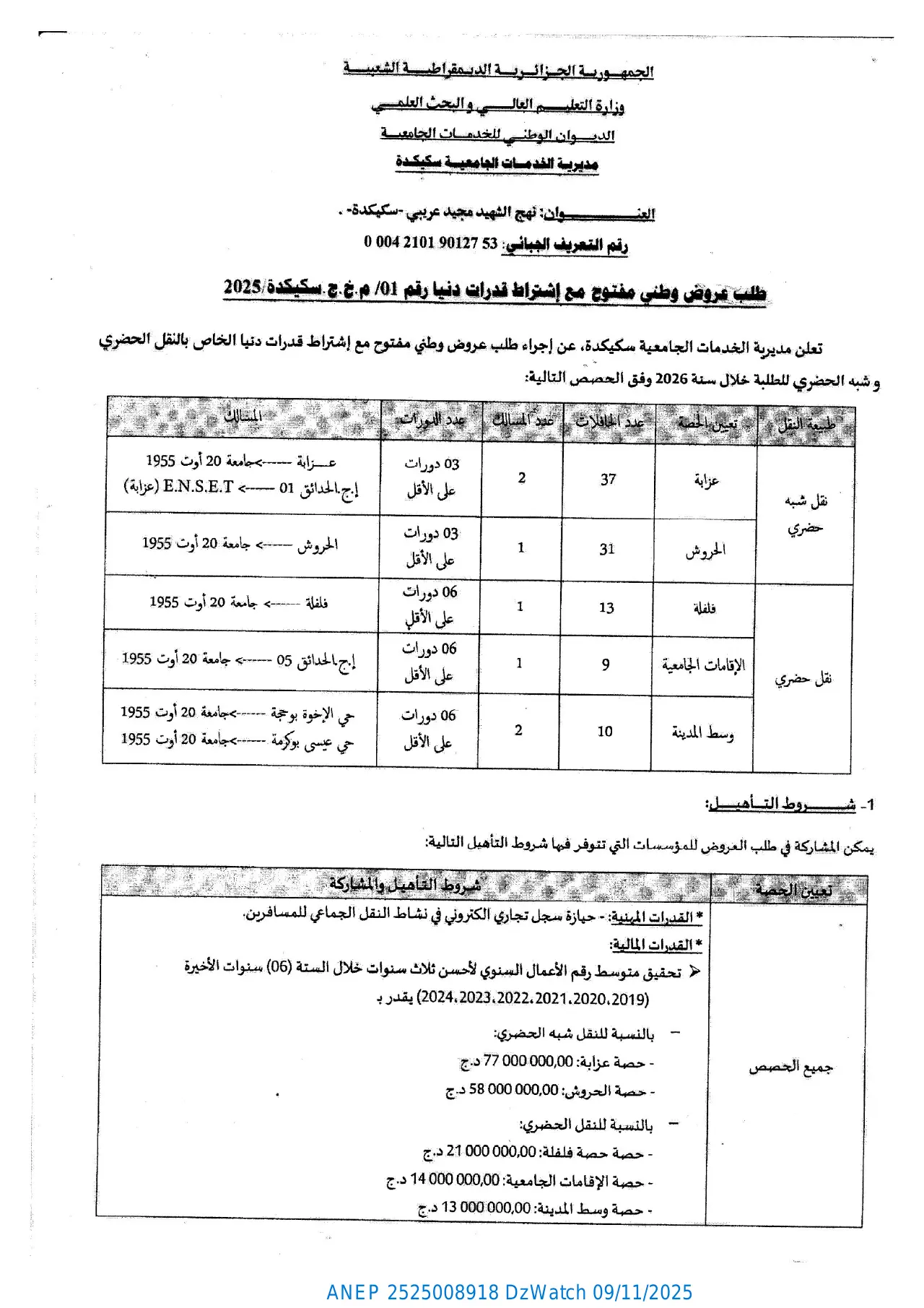 إعلان ANEP 2525008918: ⁨طلب عروض وطني مفتوح مع اشتراط قدرات دنيا⁩، ⁨مديرية الخدمات الجامعية سكيكدة⁩