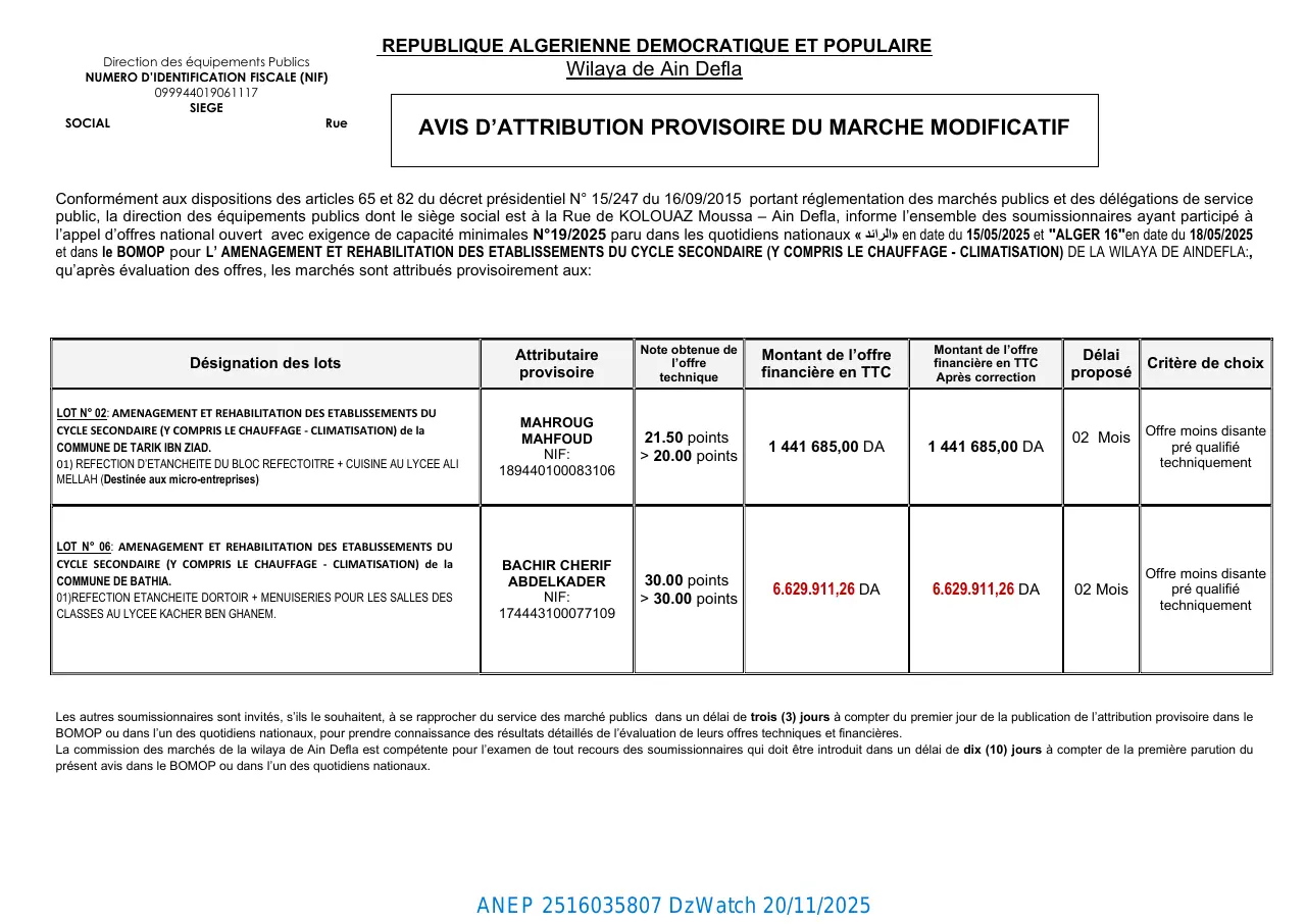 Annonce ANEP 2516035807 : AVIS D’ATTRIBUTION PROVISOIRE DU MARCHE MODIFICATIF, DIRECTION DES EQUIPEMENTS PUBLICS AIN DEFLA